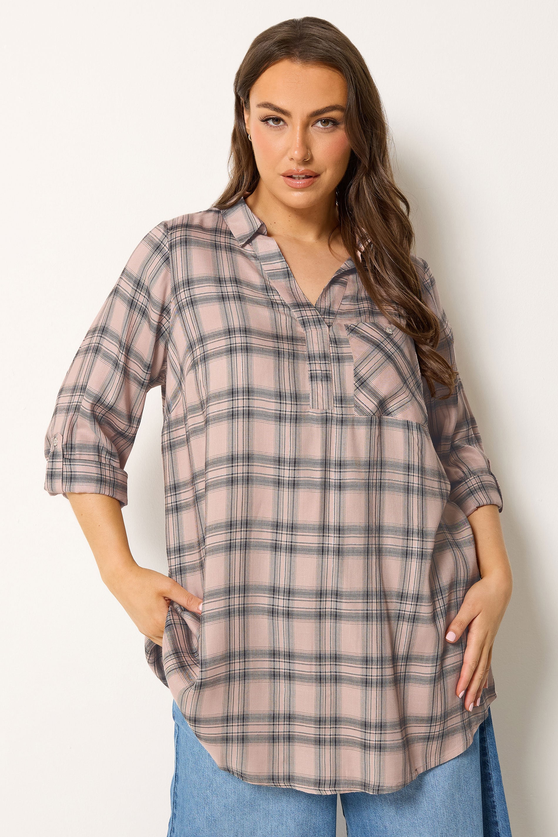 YOURS Plus Size Pink Check Overhead Shirt | Yours Clothing 3