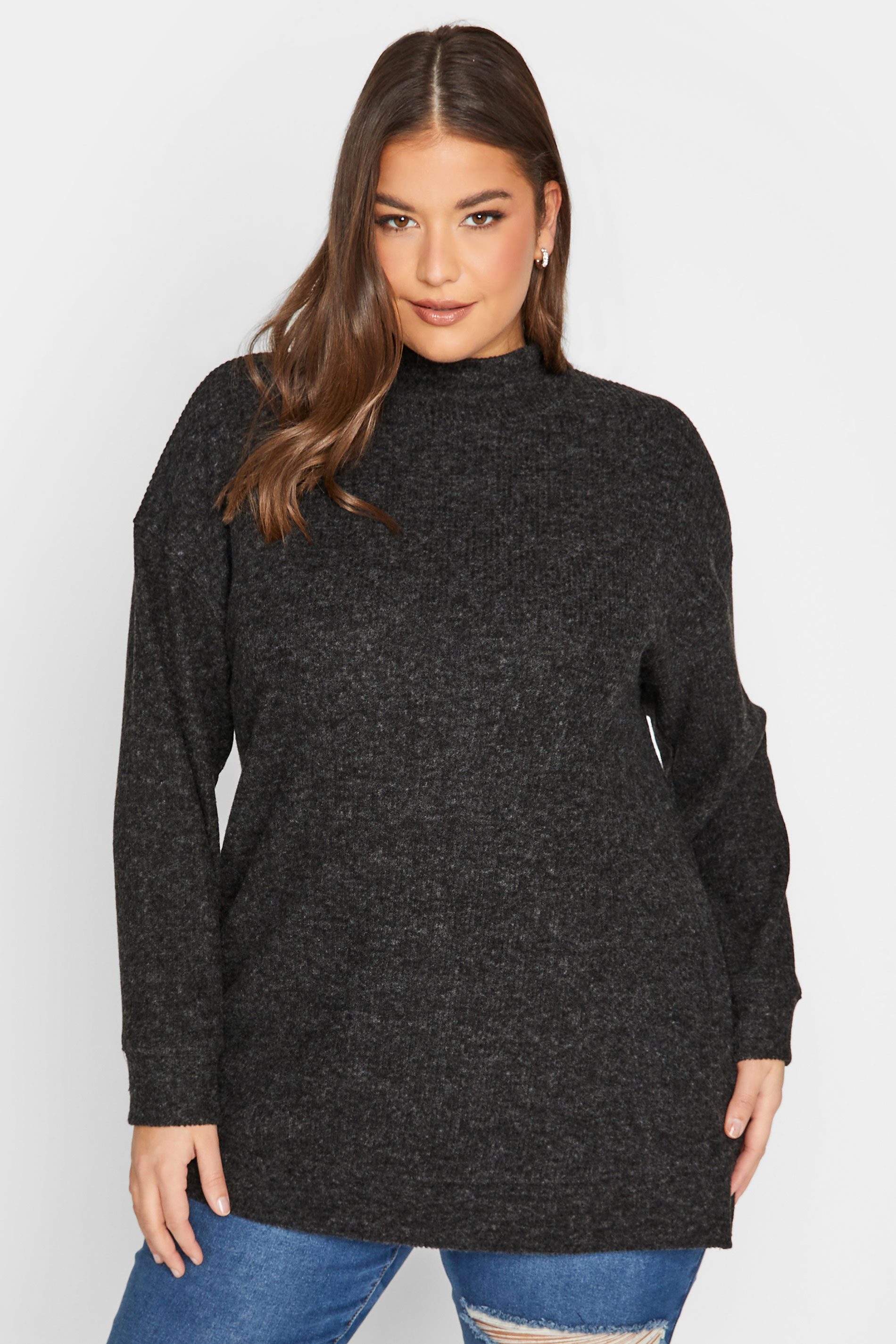 YOURS Plus Size Charcoal Grey Soft Touch Ribbed Jumper | Yours Clothing 1