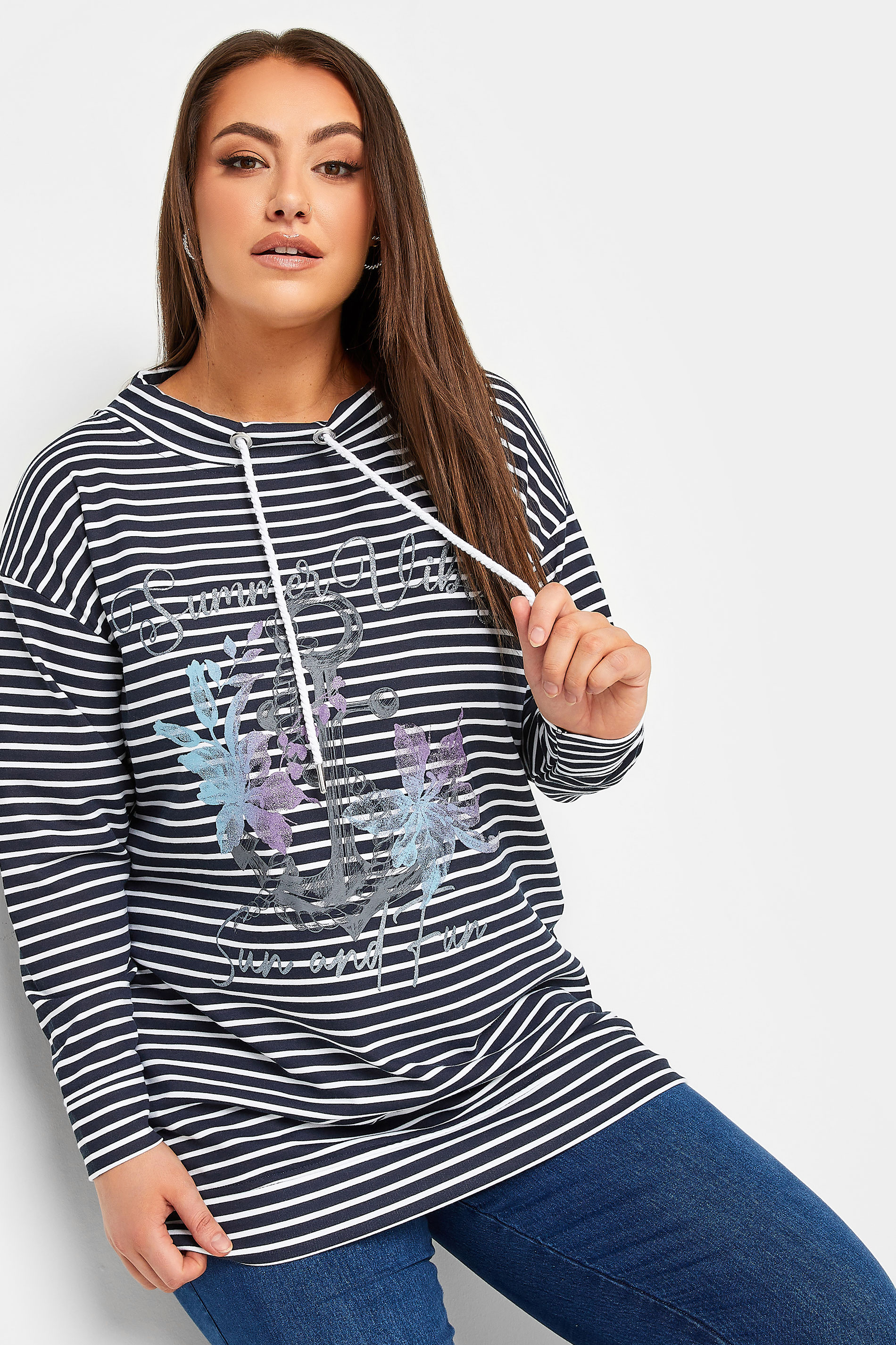 YOURS Curve Navy Blue & White Stripe Anchor Print Sweatshirt | Yours Clothing 1