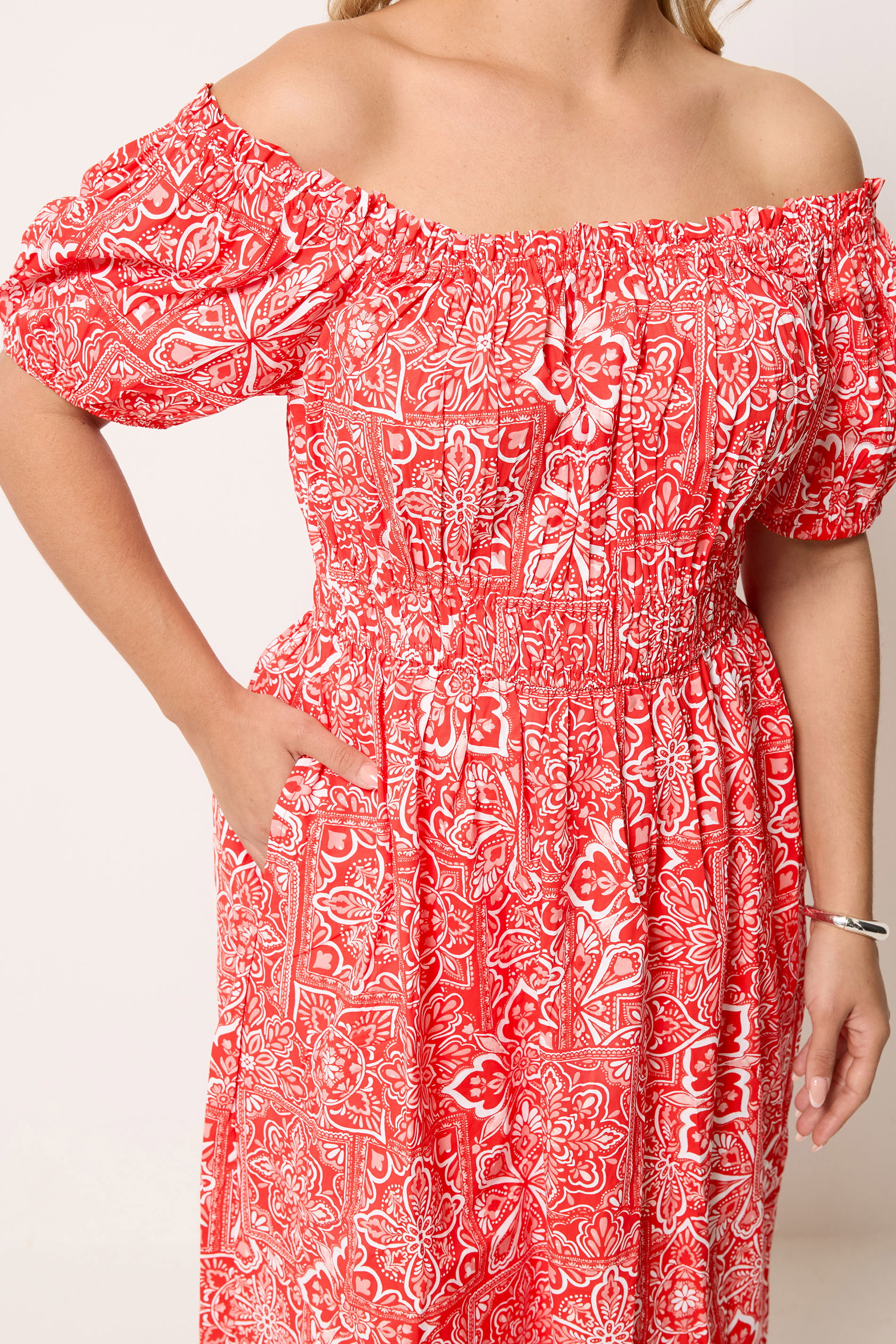 YOURS Plus Size Red Paisley Poplin Bardot Dress | Yours Clothing 4