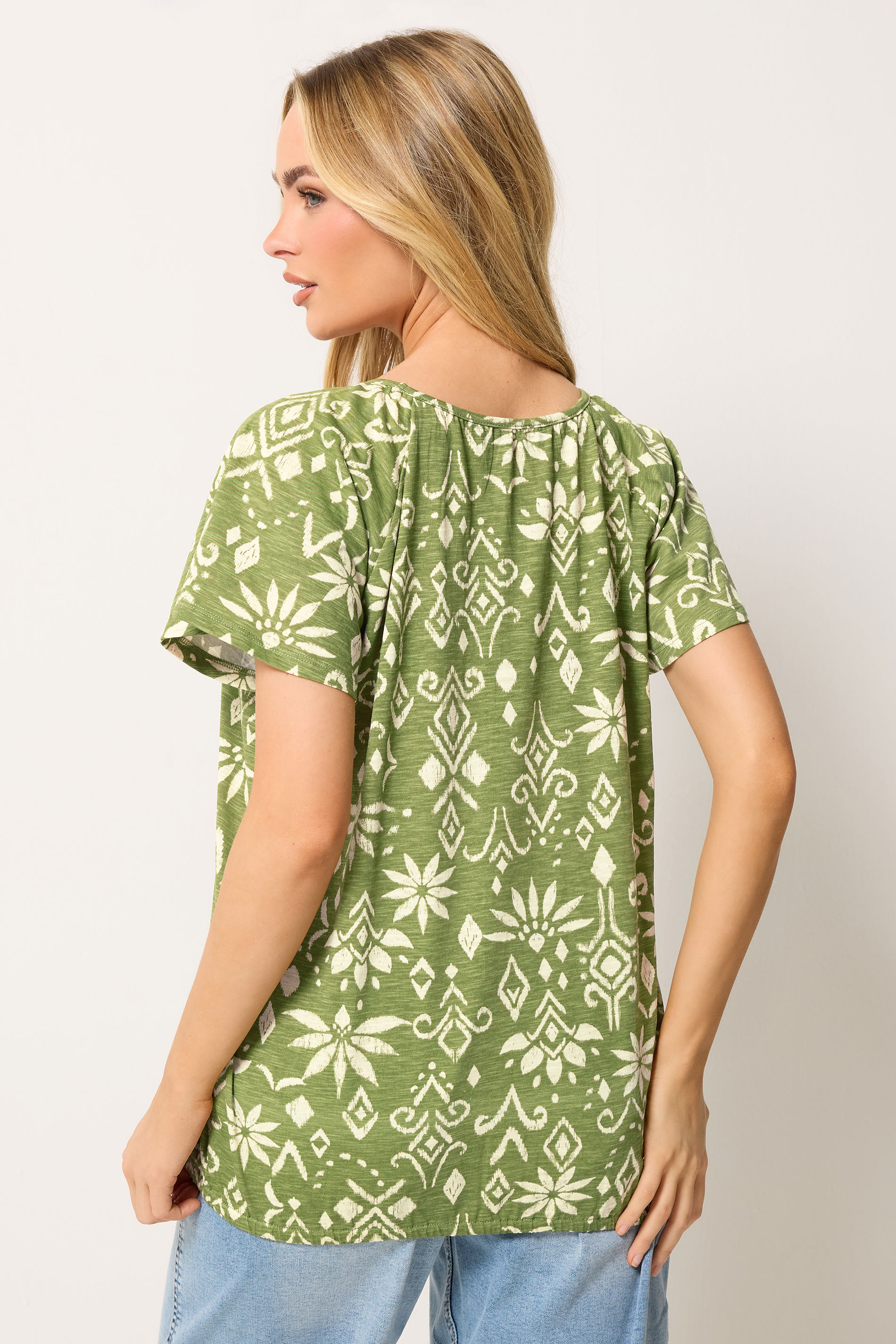 M&Co Green Aztec Print Cotton Scoop Neck Top | M&Co 2