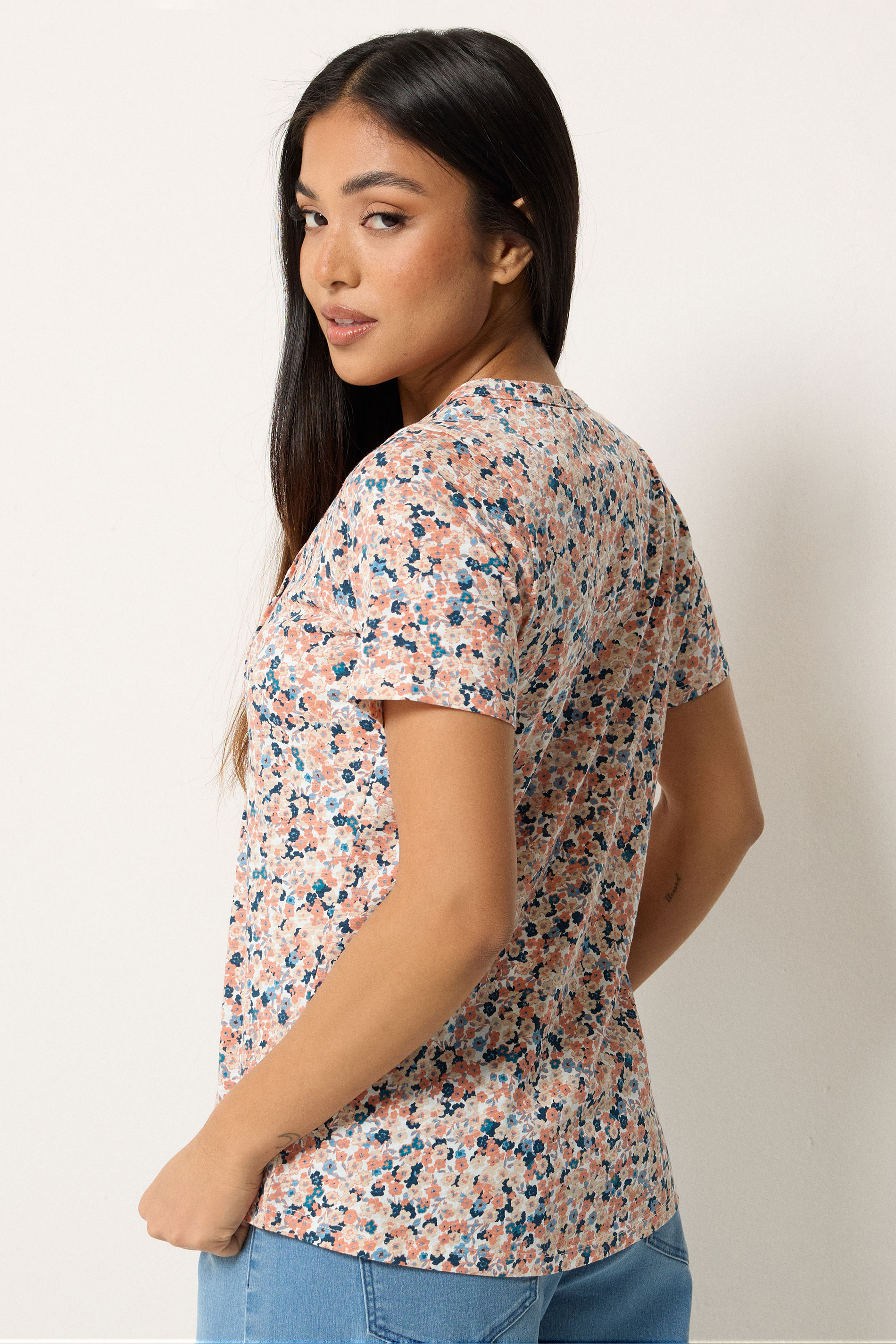 M&Co Petite Orange Ditsy Floral Cotton Henley Top | M&Co 2