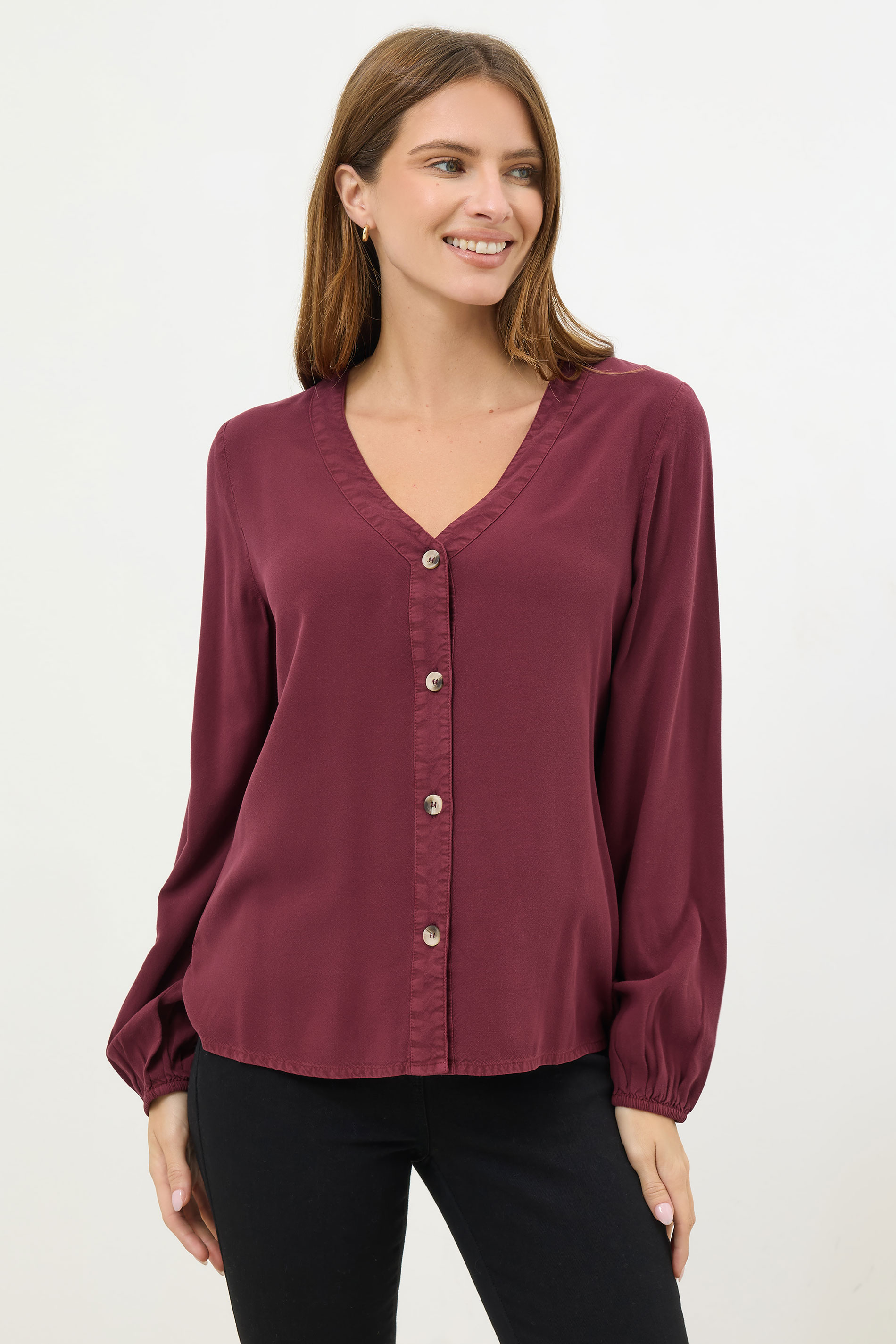 M&Co Berry Red Button Front Long Sleeve Blouse | M&Co 3