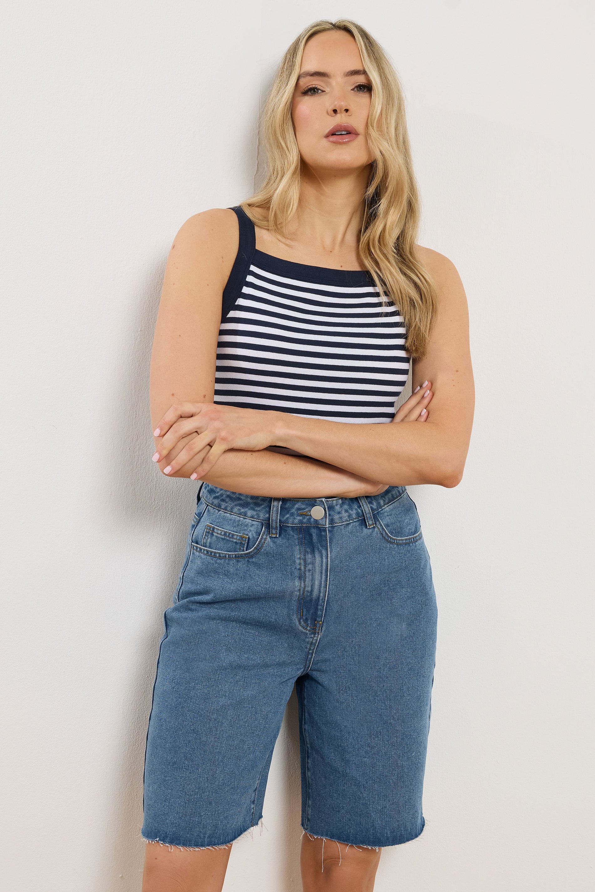 LTS Tall Women's Mid Blue Denim Bermuda Cotton Shorts | Long Tall Sally 1