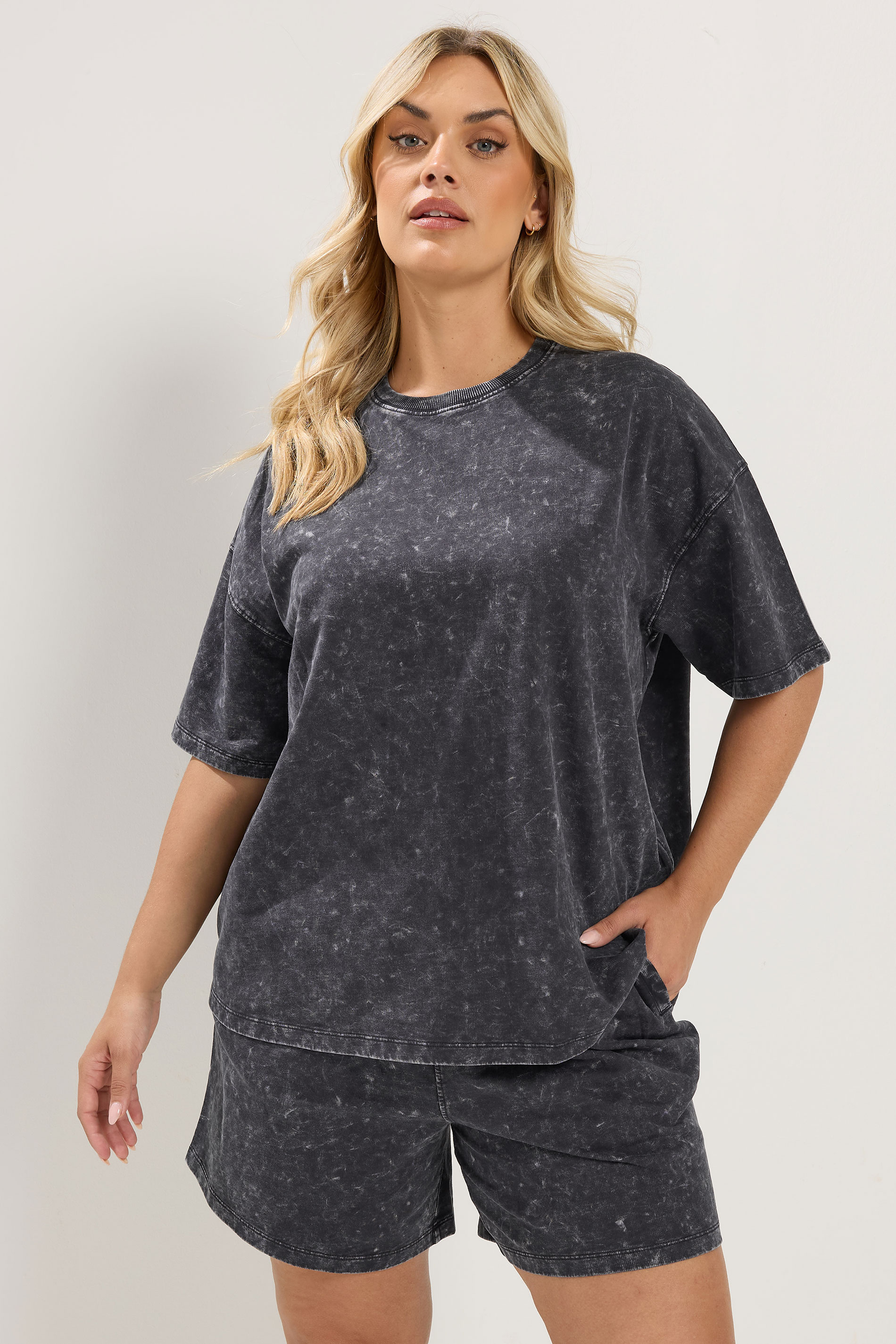YOURS Plus Size Grey Acid Wash Sweat T-Shirt And Short Set | Yours Clothing 3