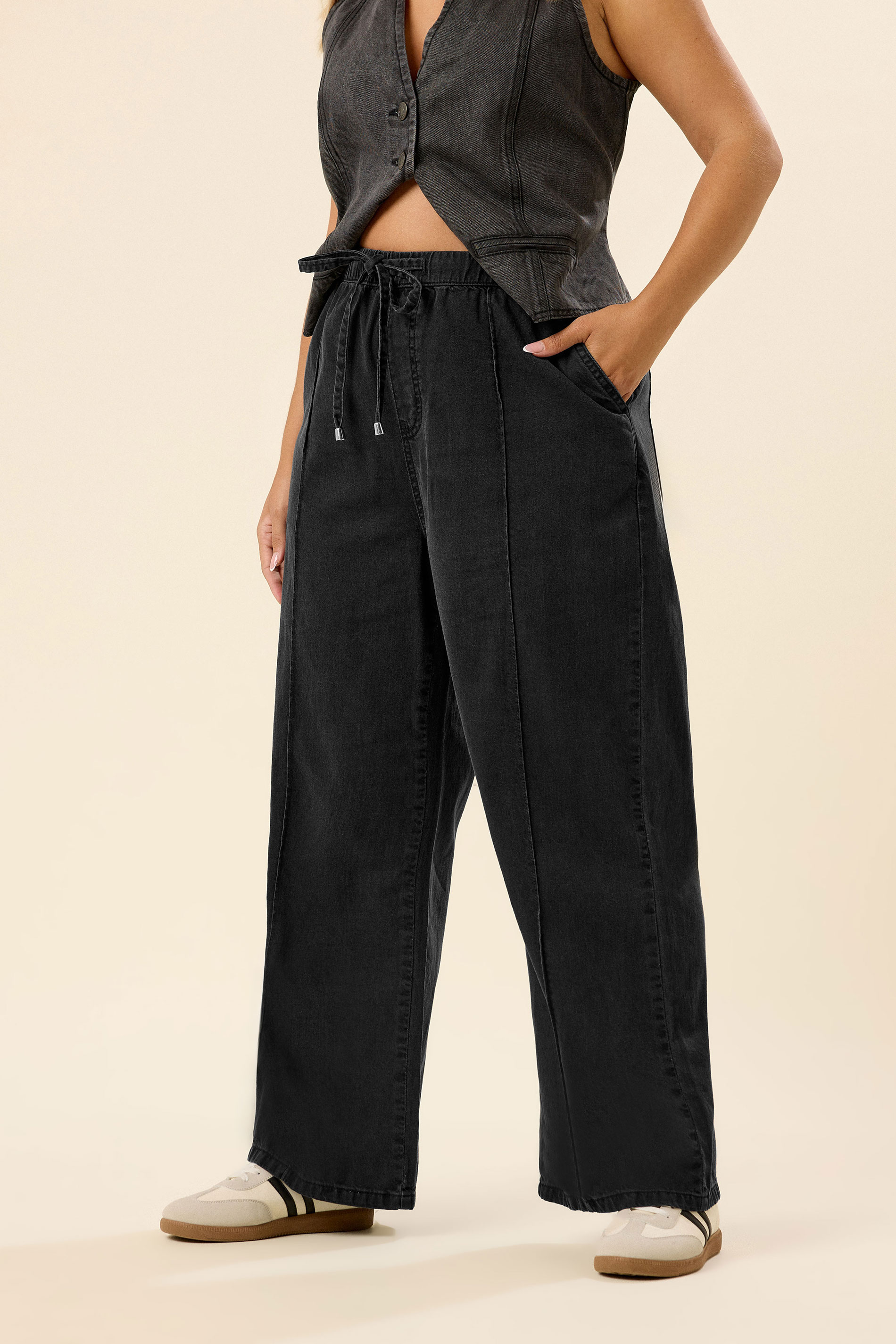 Black Yours Curve Seam Front Wide Leg Jeans, Women's Curve & Plus Size, Yours