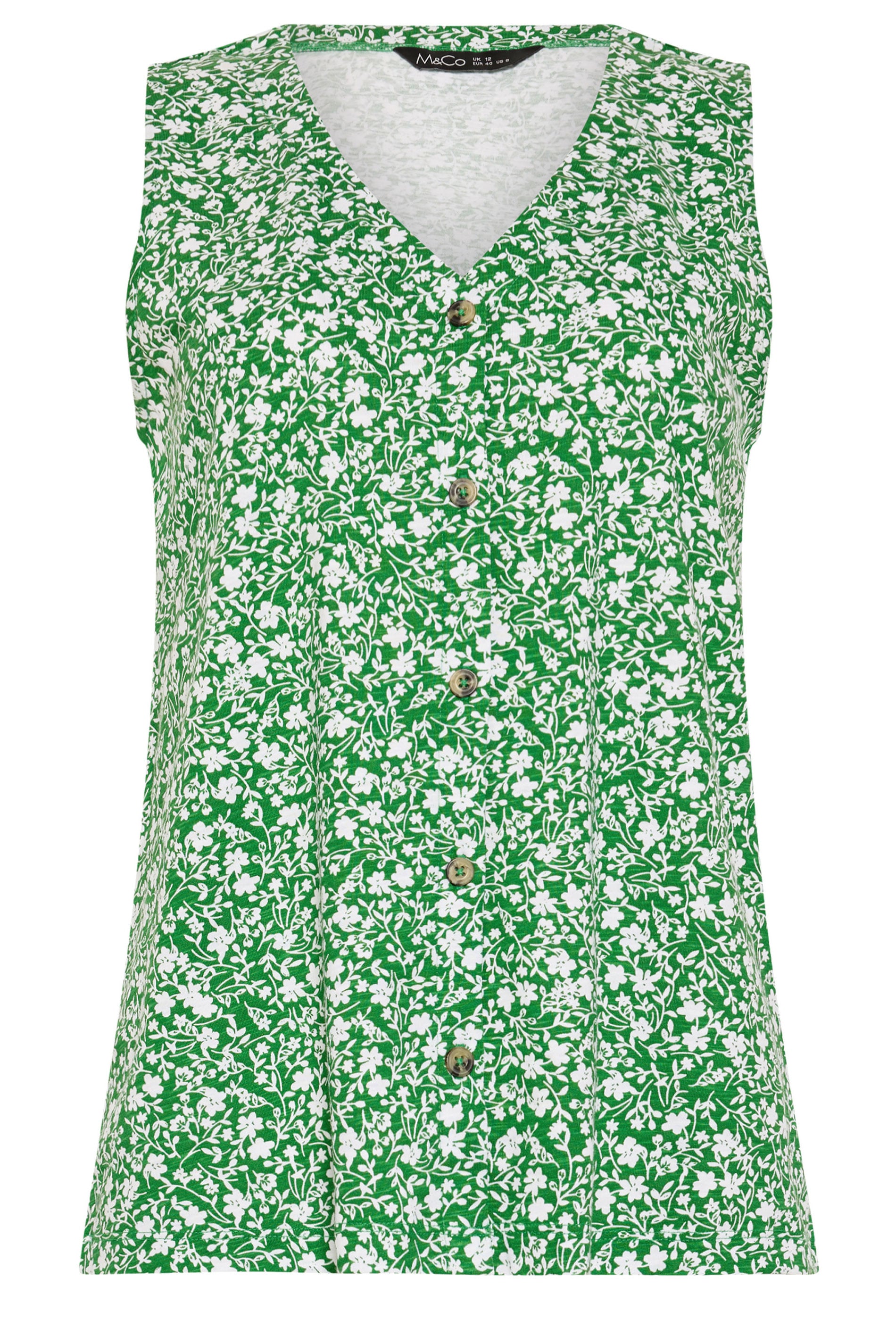 M&Co Green Floral Print Cotton Button Vest Top | M&Co 5