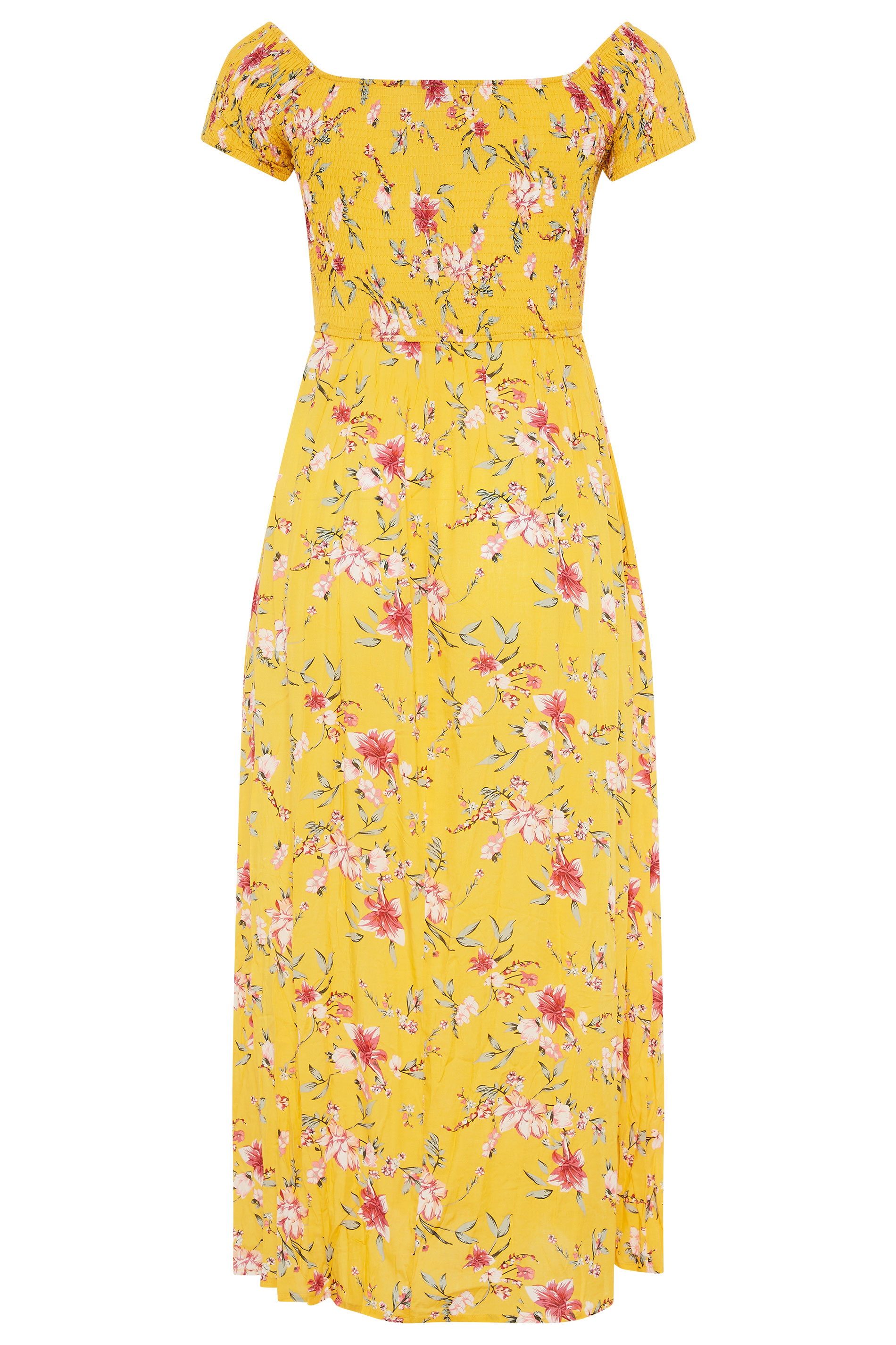 Yellow Ditsy Floral Shirred Bardot Maxi Dress | Yours Clothing