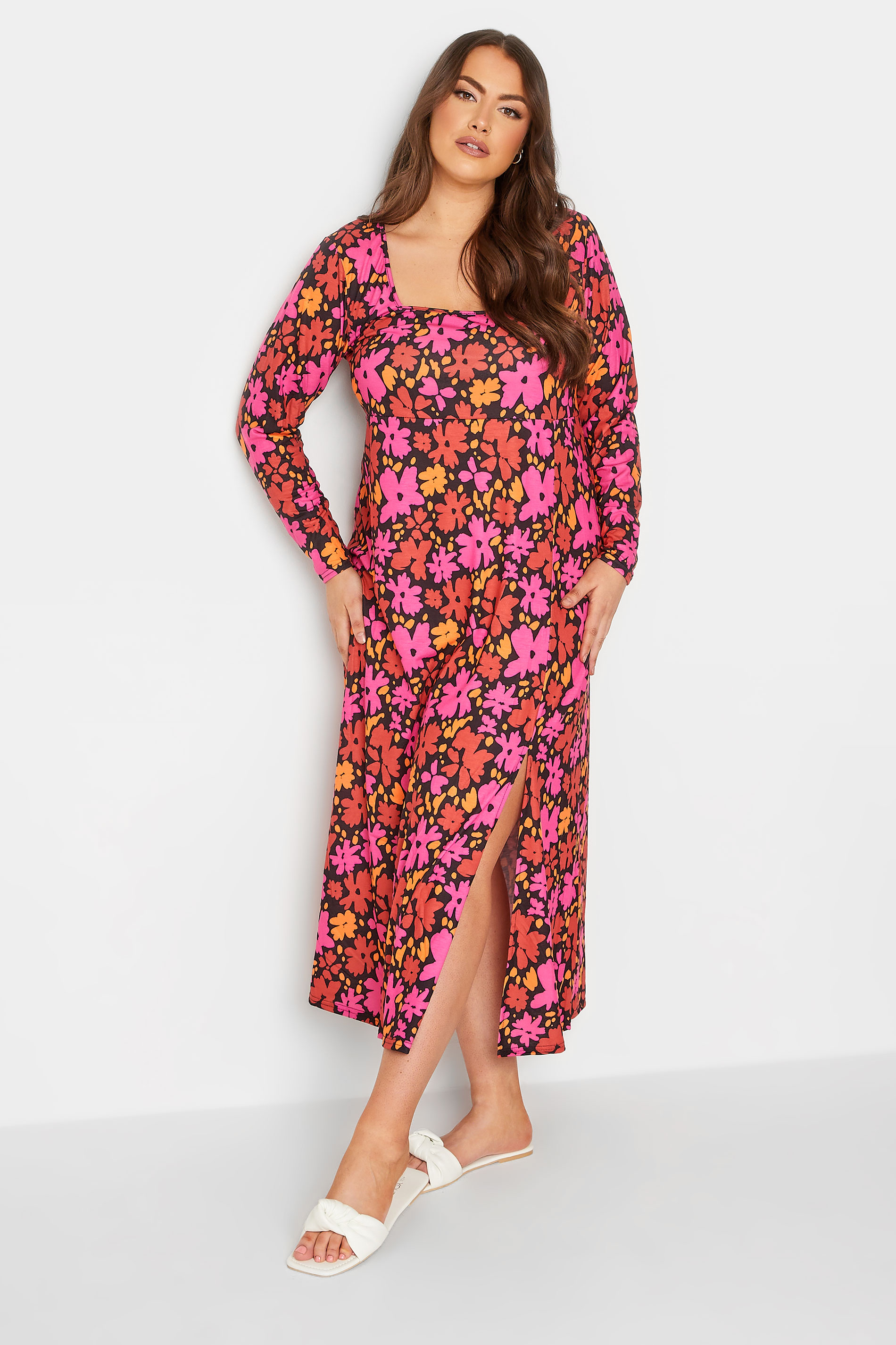 LIMITED COLLECTION Curve Red Floral Square Neck Dress | Yours Clothing 1