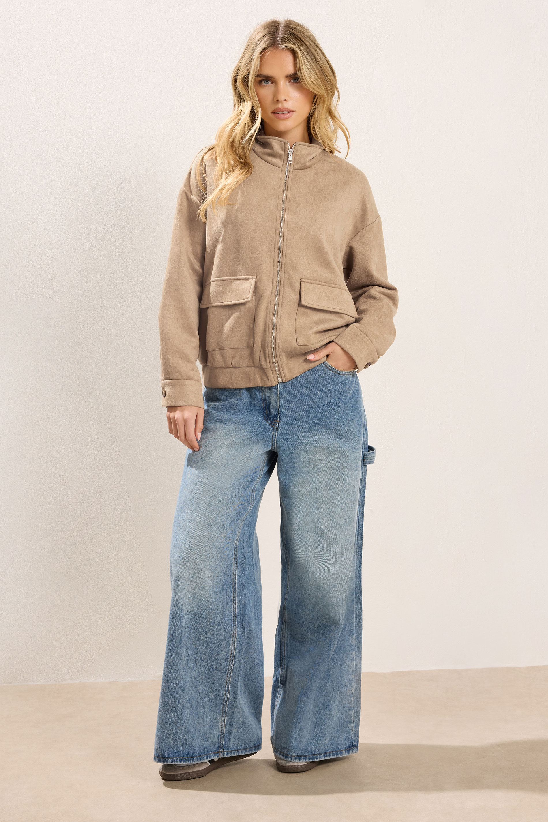 PixieGirl Petite Women's Natural Brown Faux Suede Bomber Jacket | PixieGirl 2