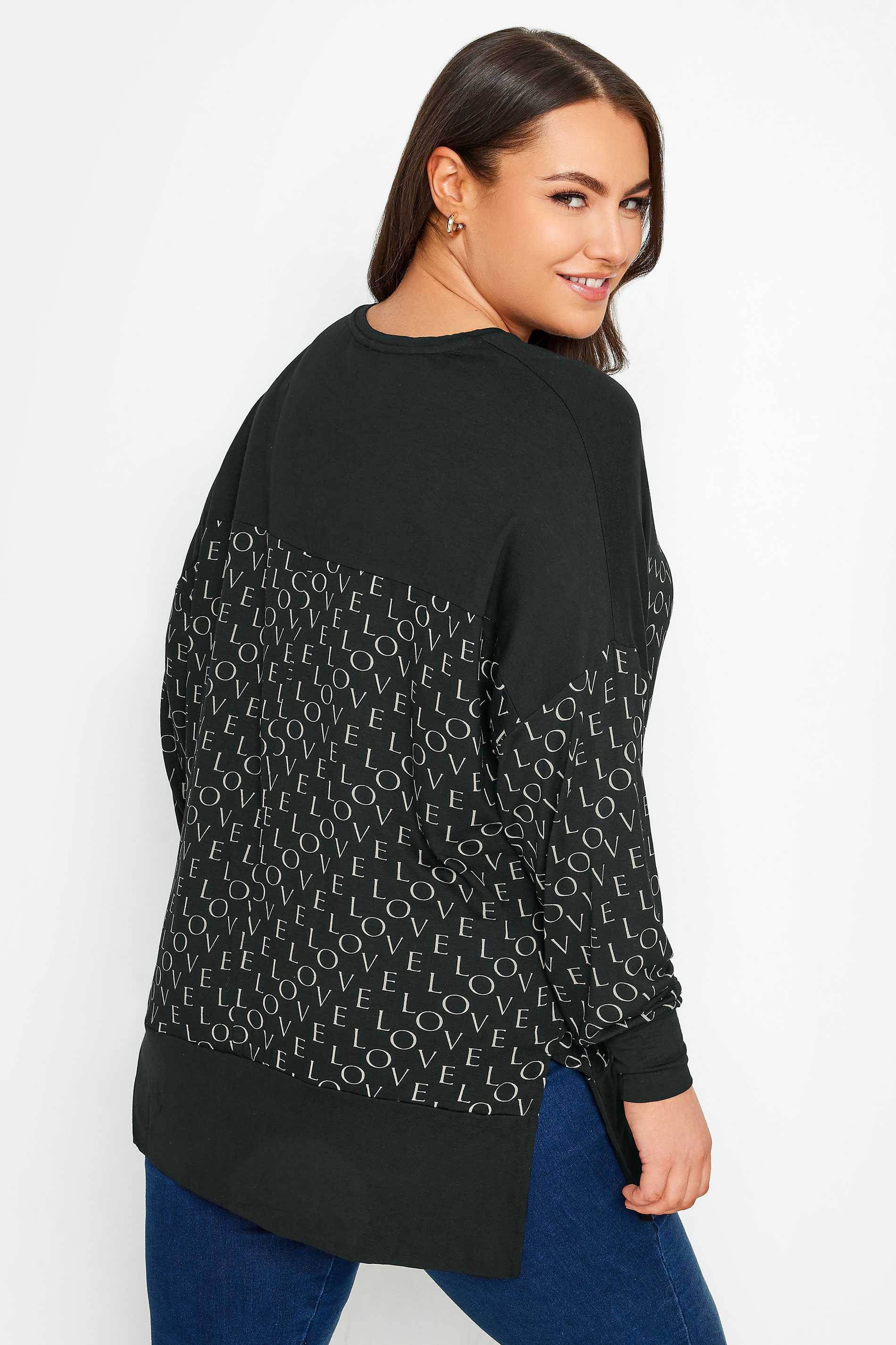 YOURS Curve Black 'Love' Print V-Neck Long Sleeve Top | Yours Clothing 3