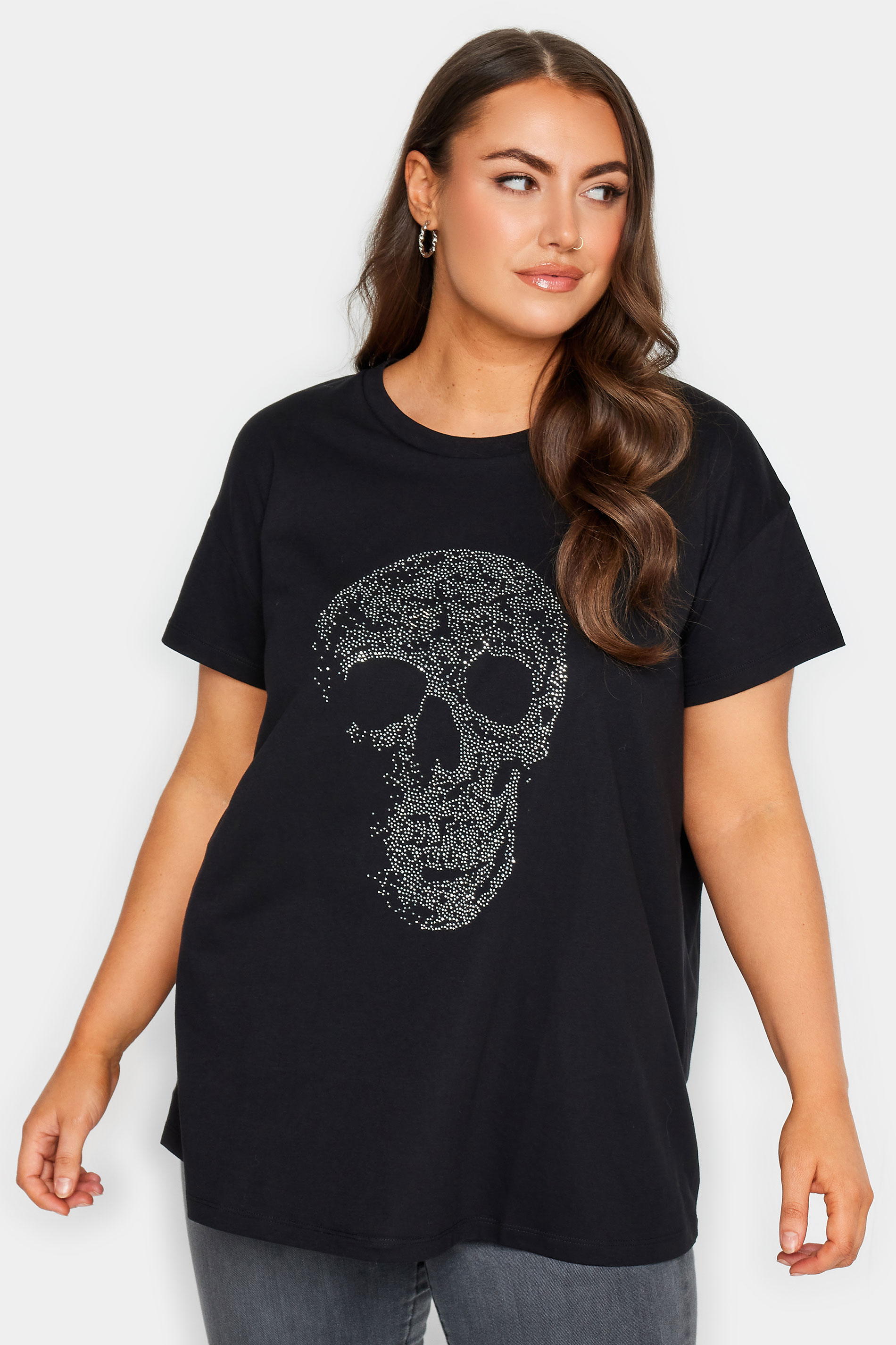 YOURS Curve Black Skull Print Stud Design T-Shirt | Yours Clothing 1