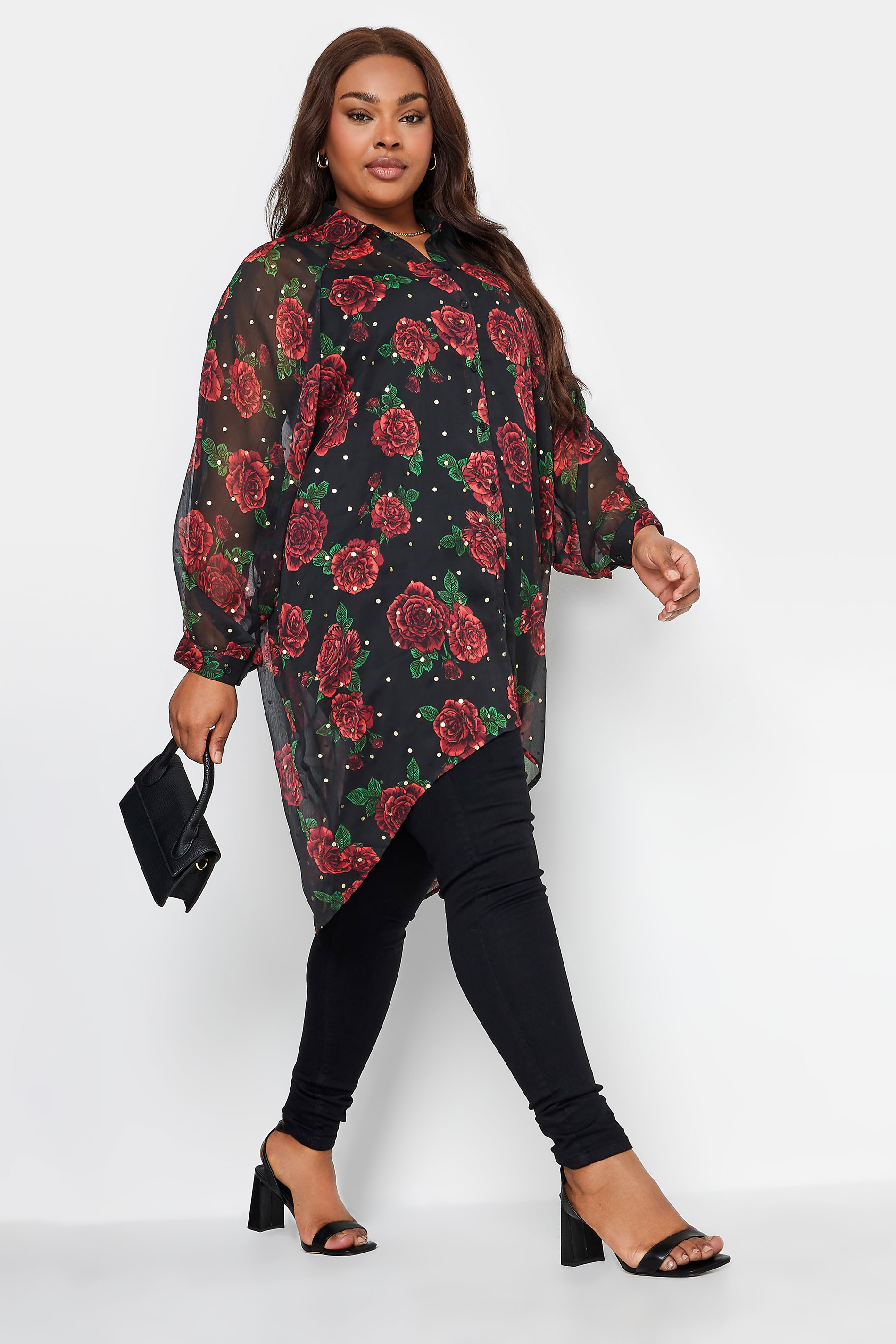 YOURS Curve Black Rose Print Dipped Back Shirt | Yours Clothing 3