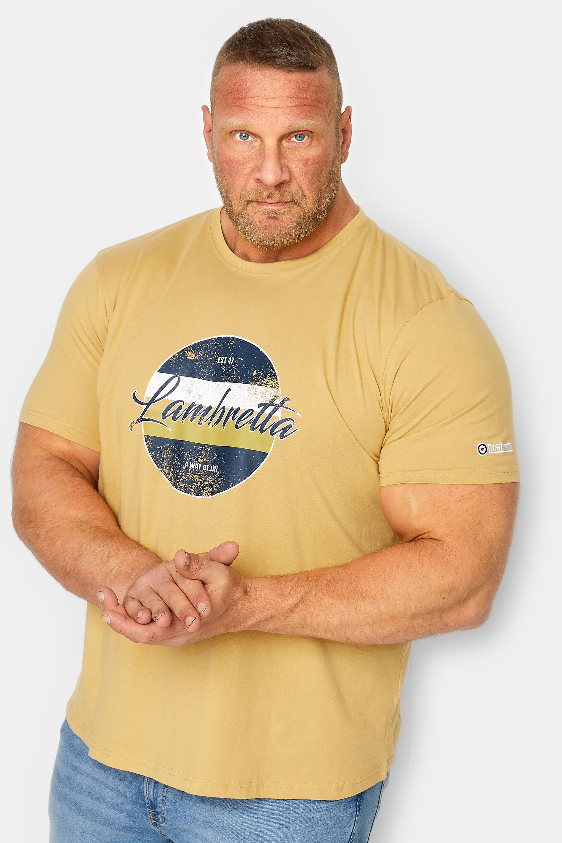 LAMBRETTA Big & Tall Plus Size Yellow 'Lambretta' Slogan T-Shirt | BadRhino  1
