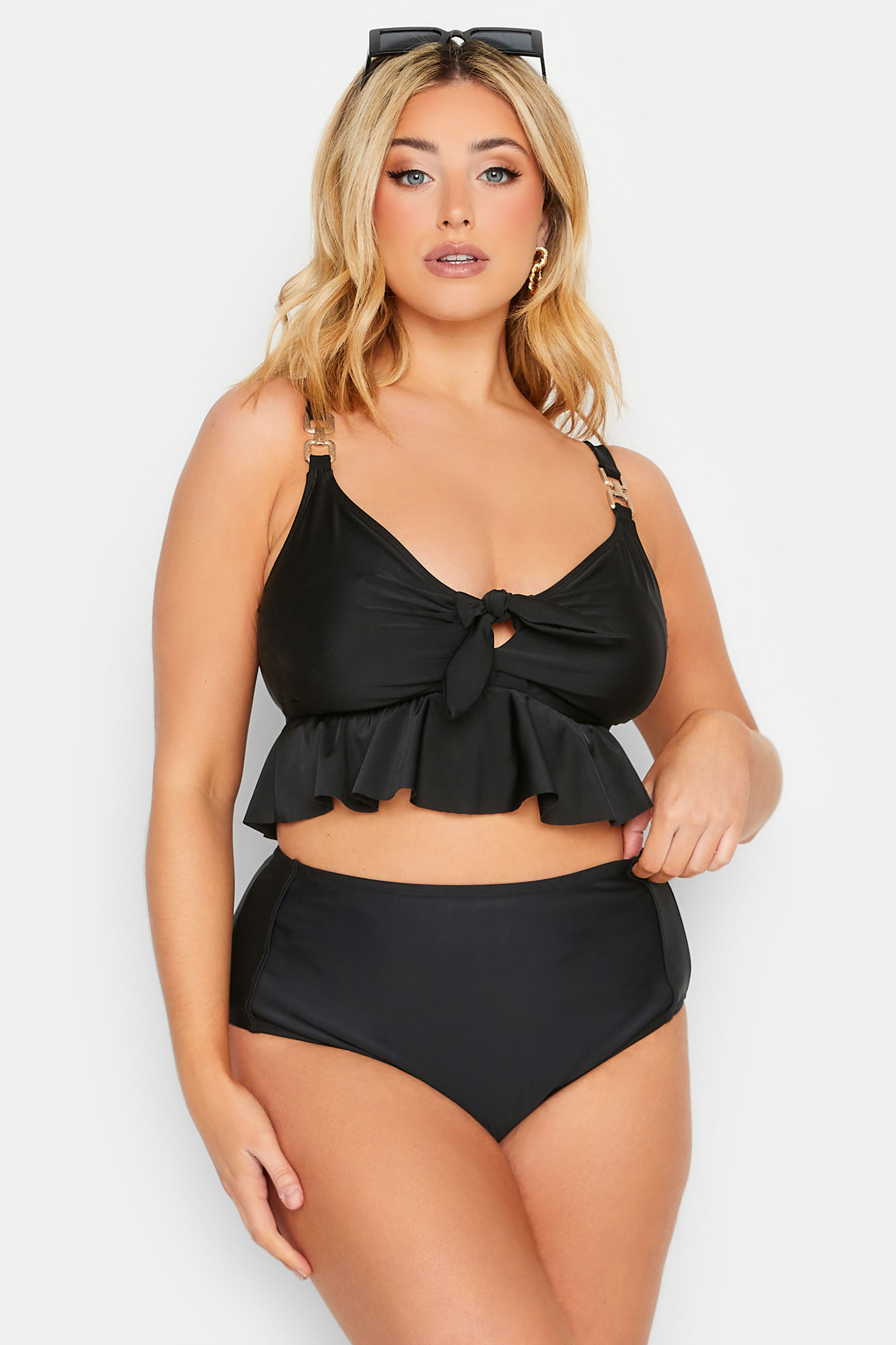 YOURS Curve Plus Size Black Front Knot Bikini Top | Yours Clothing  1