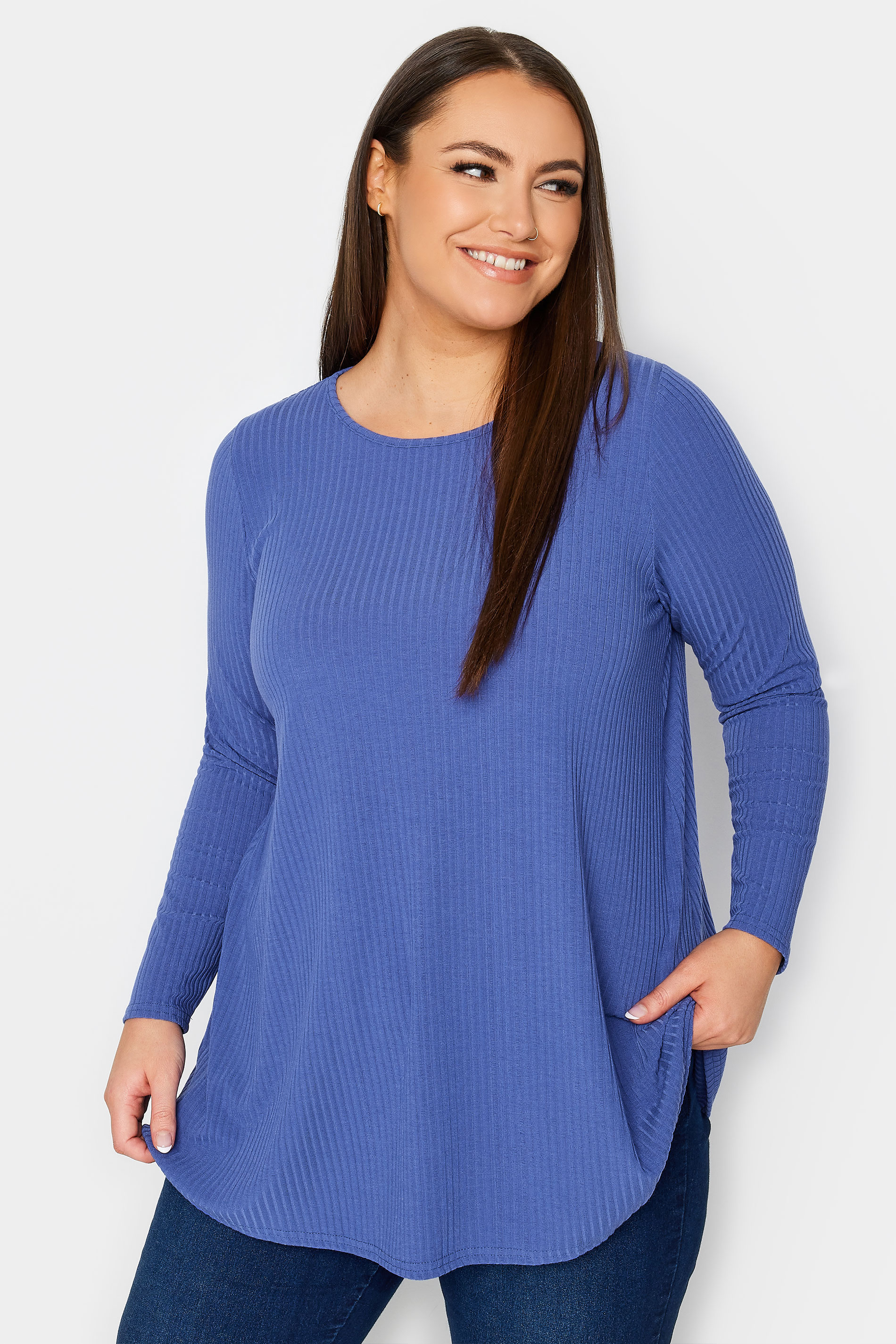 YOURS Plus Size Blue Ribbed Swing T-Shirt | Yours Clothing 1