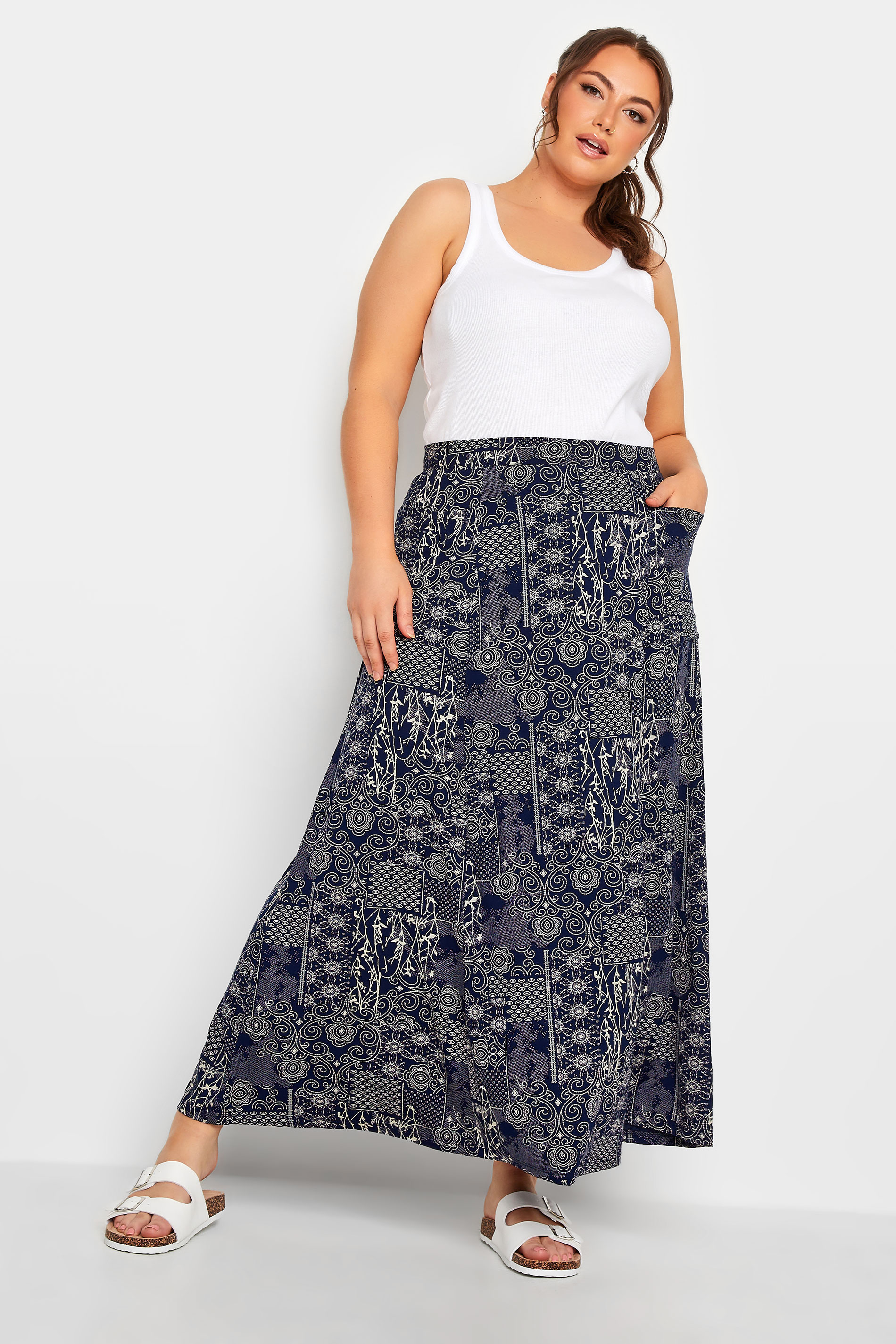 YOURS Curve Navy Blue Mixed Print Pocket Detail Maxi Skirt | Yours Clothing 2