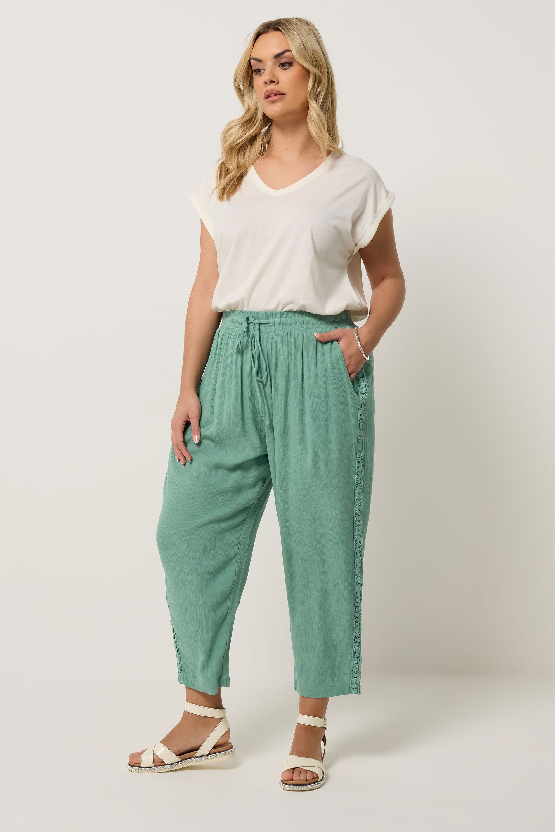 YOURS Plus Size Mint Crochet Side Crop Trousers | Yours Clothing 1
