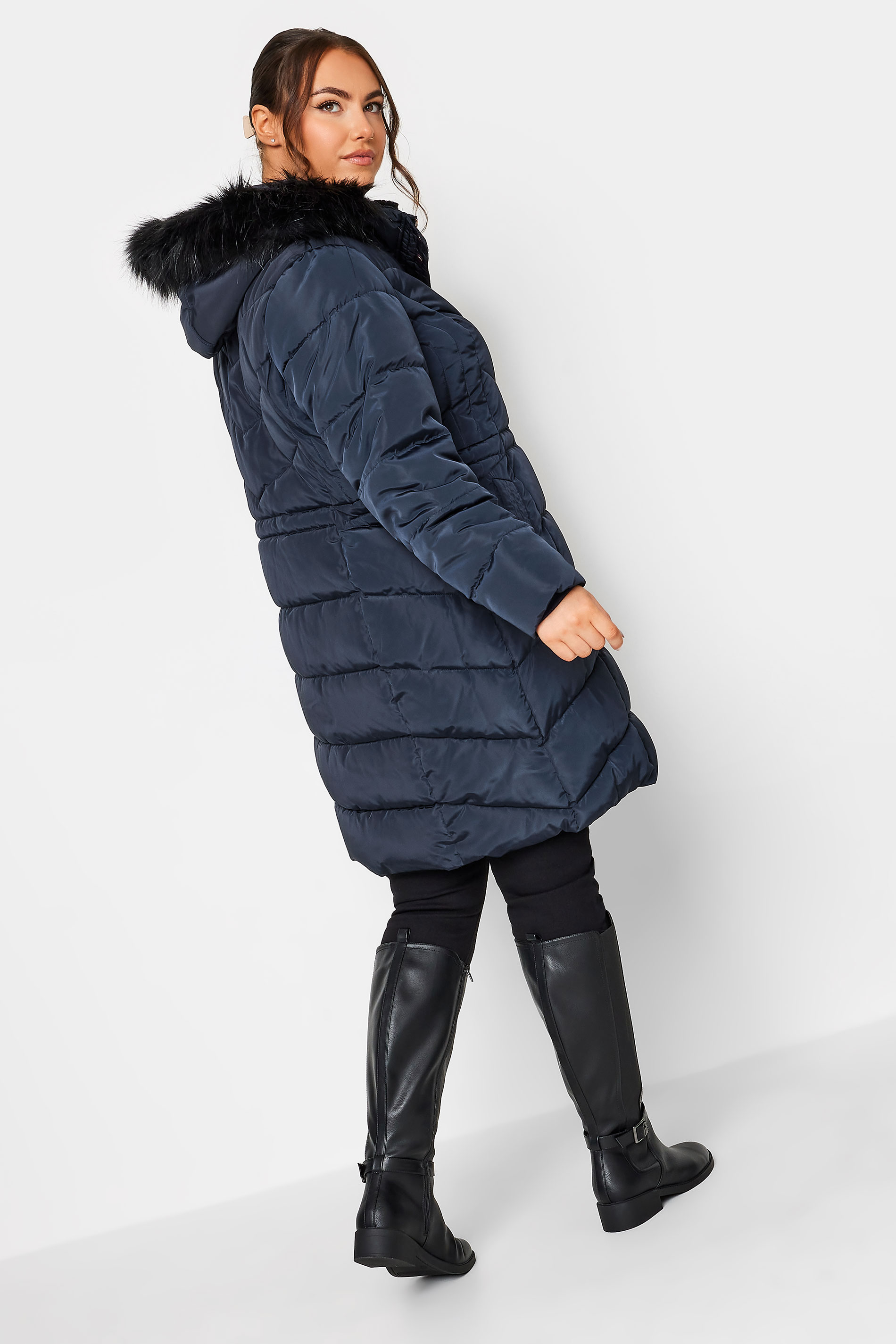 YOURS Plus Size Navy Blue Midi Puffer Coat | Yours Clothing 3