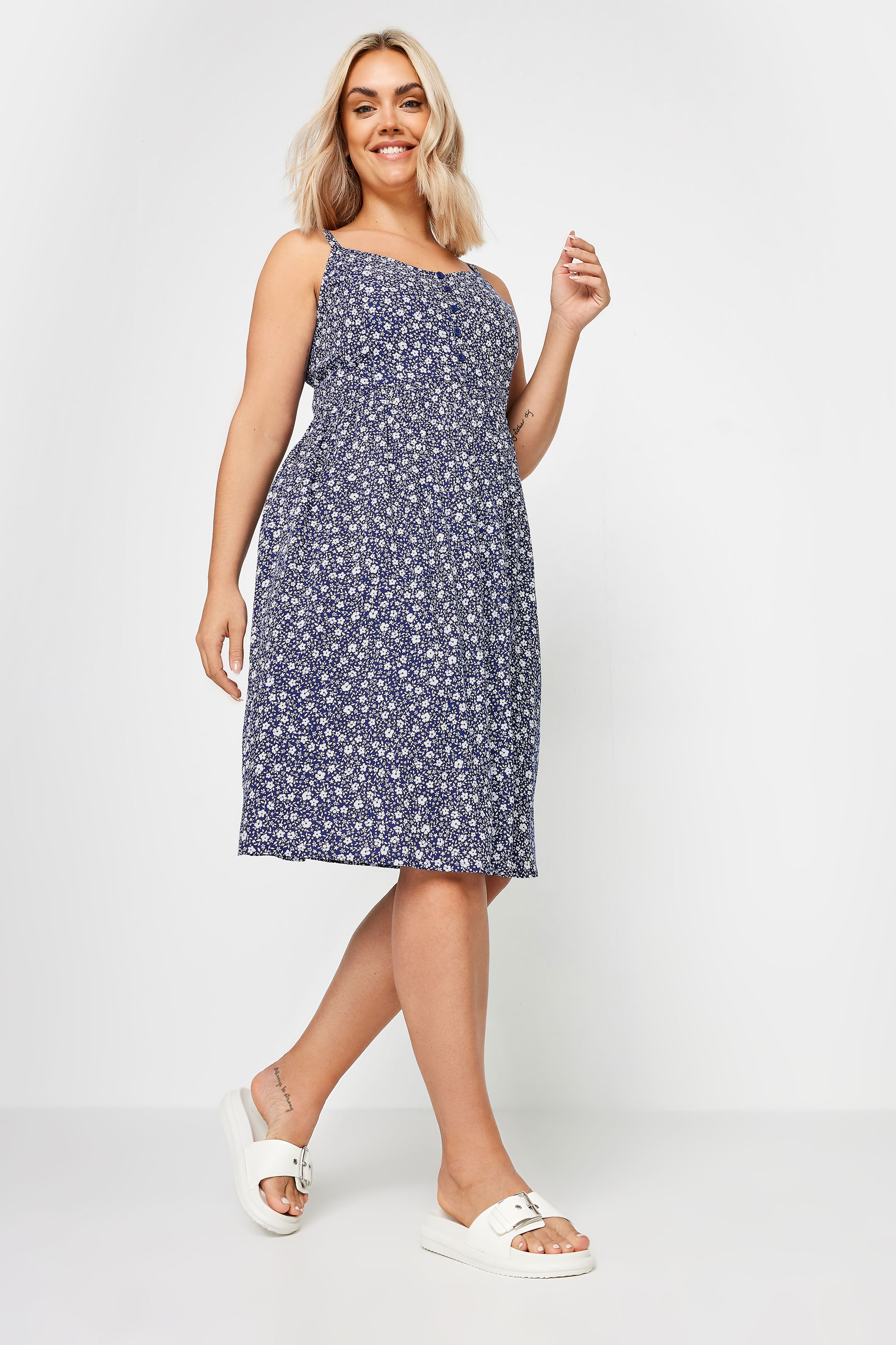 YOURS Plus Size Navy Blue Ditsy Floral Print Strappy Sundress | Yours Clothing 1