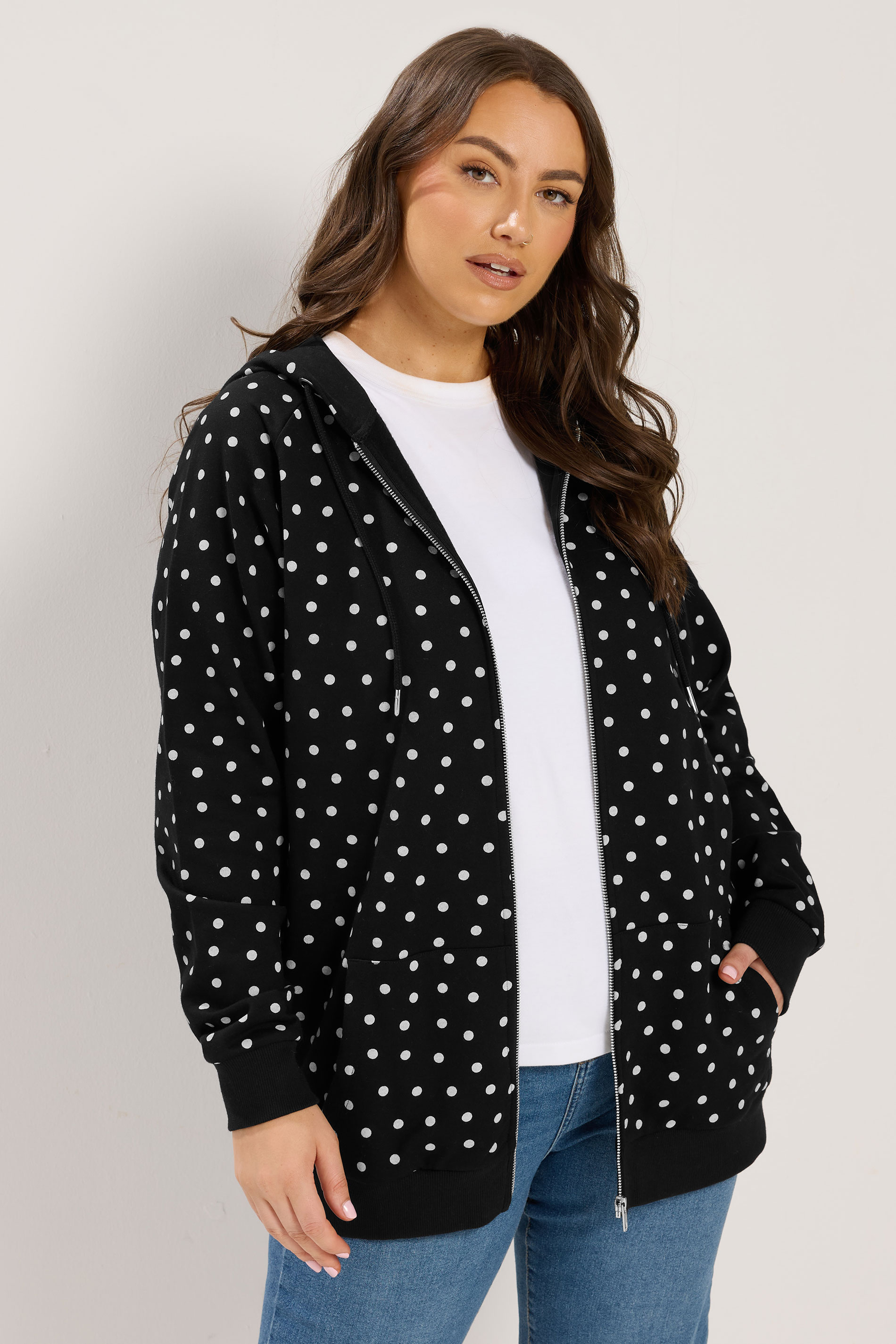 YOURS Plus Size Black Polka Dot Zip Through Raglan Hoodie | Yours Clothing 3