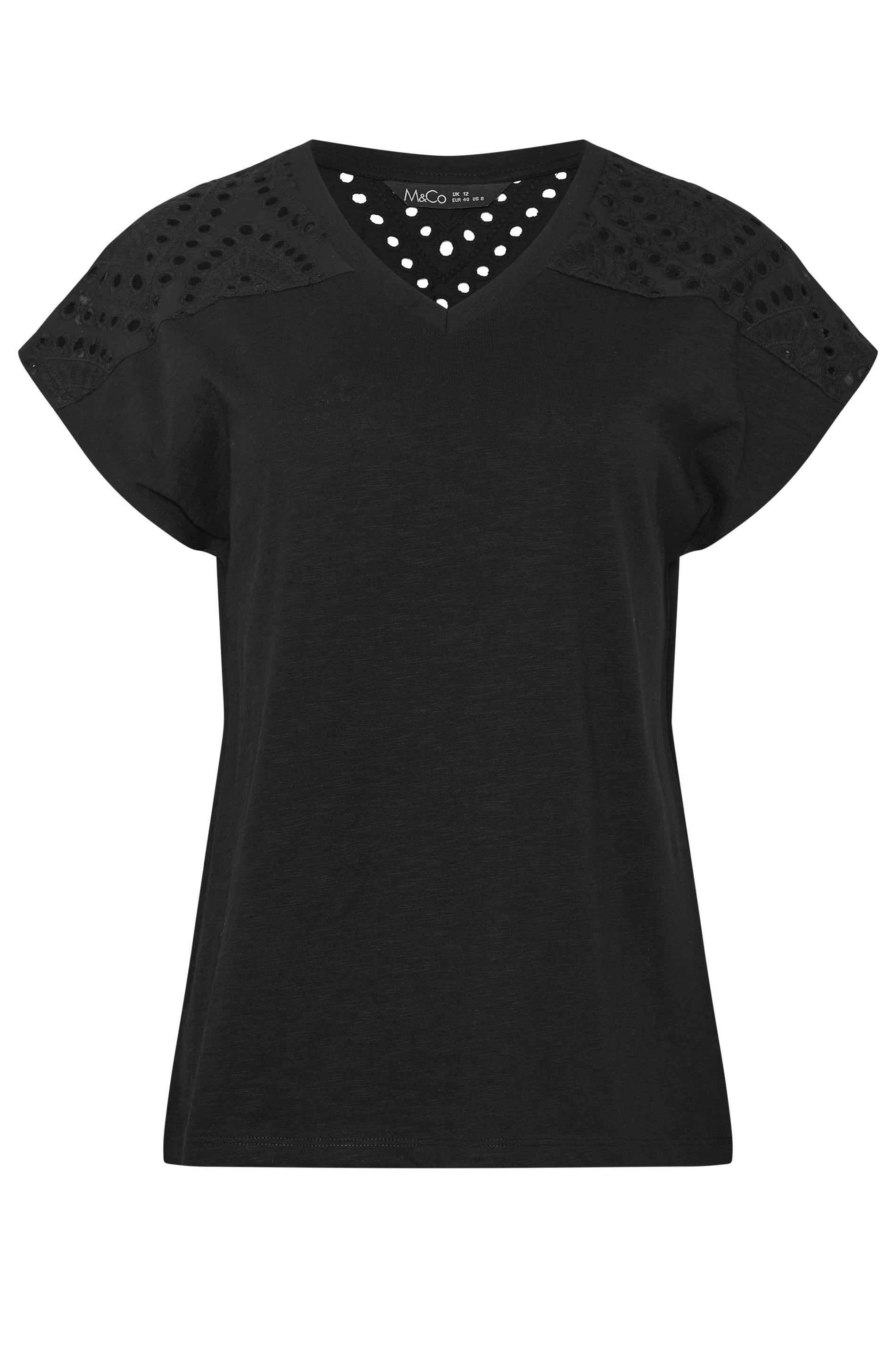 M&Co Black Broderie V-Neck Cotton T-Shirt | M&Co 5