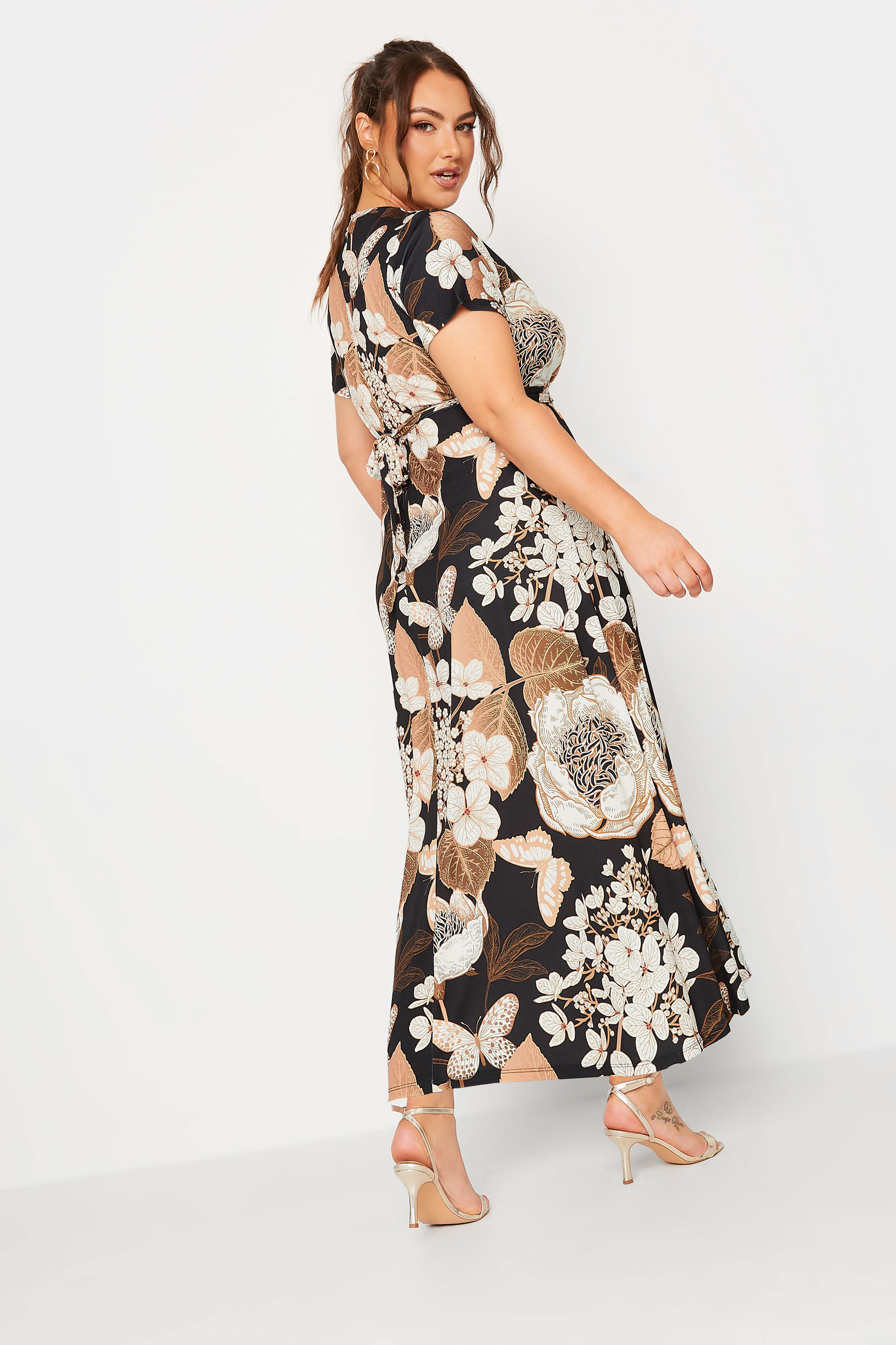 YOURS Curve Black Neutral Floral Print Wrap Front Midaxi Dress | Yours Clothing 3