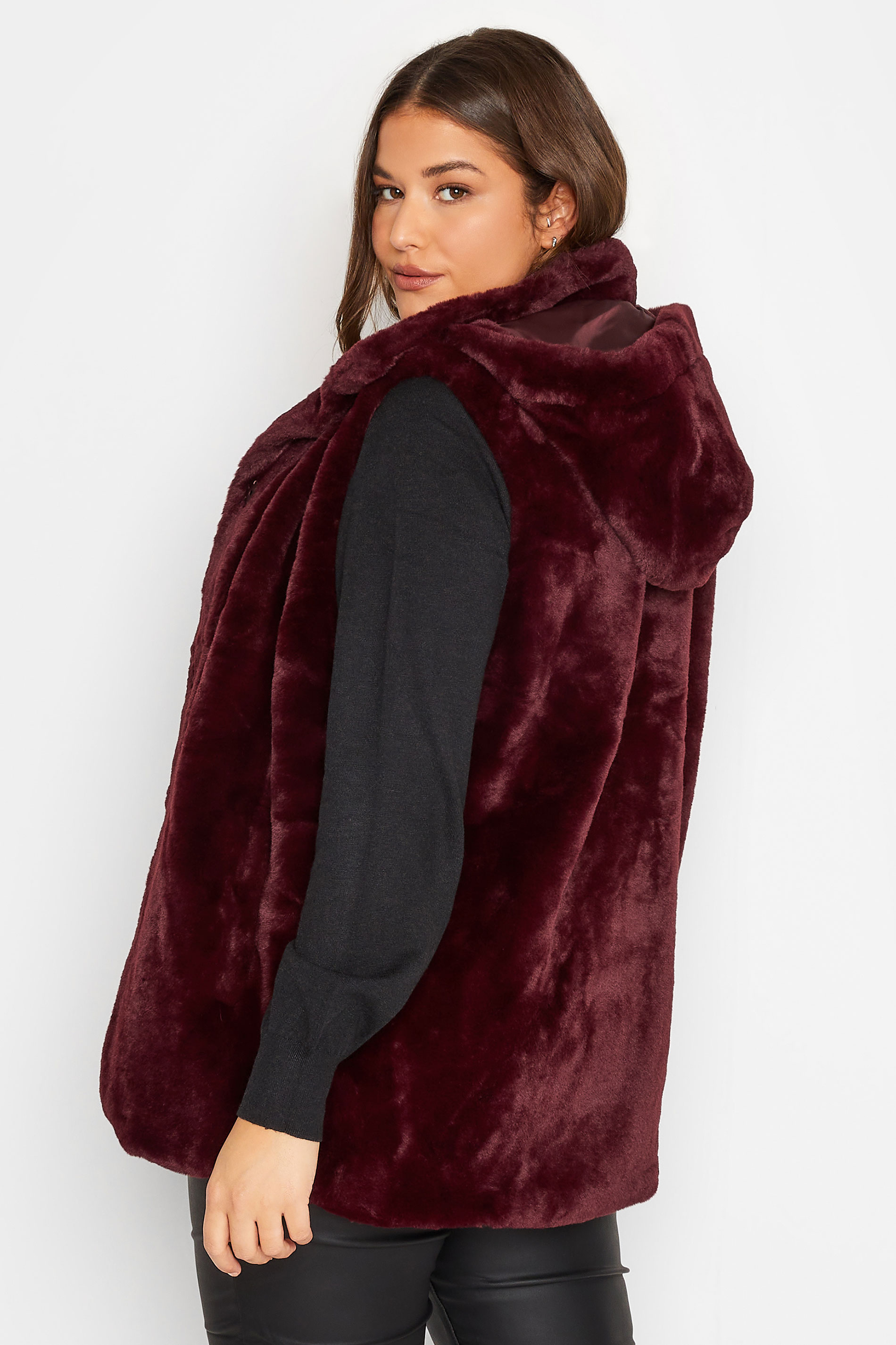 LTS Tall Women's Dark Red Faux Fur Hooded Gilet | Long Tall Sally 3