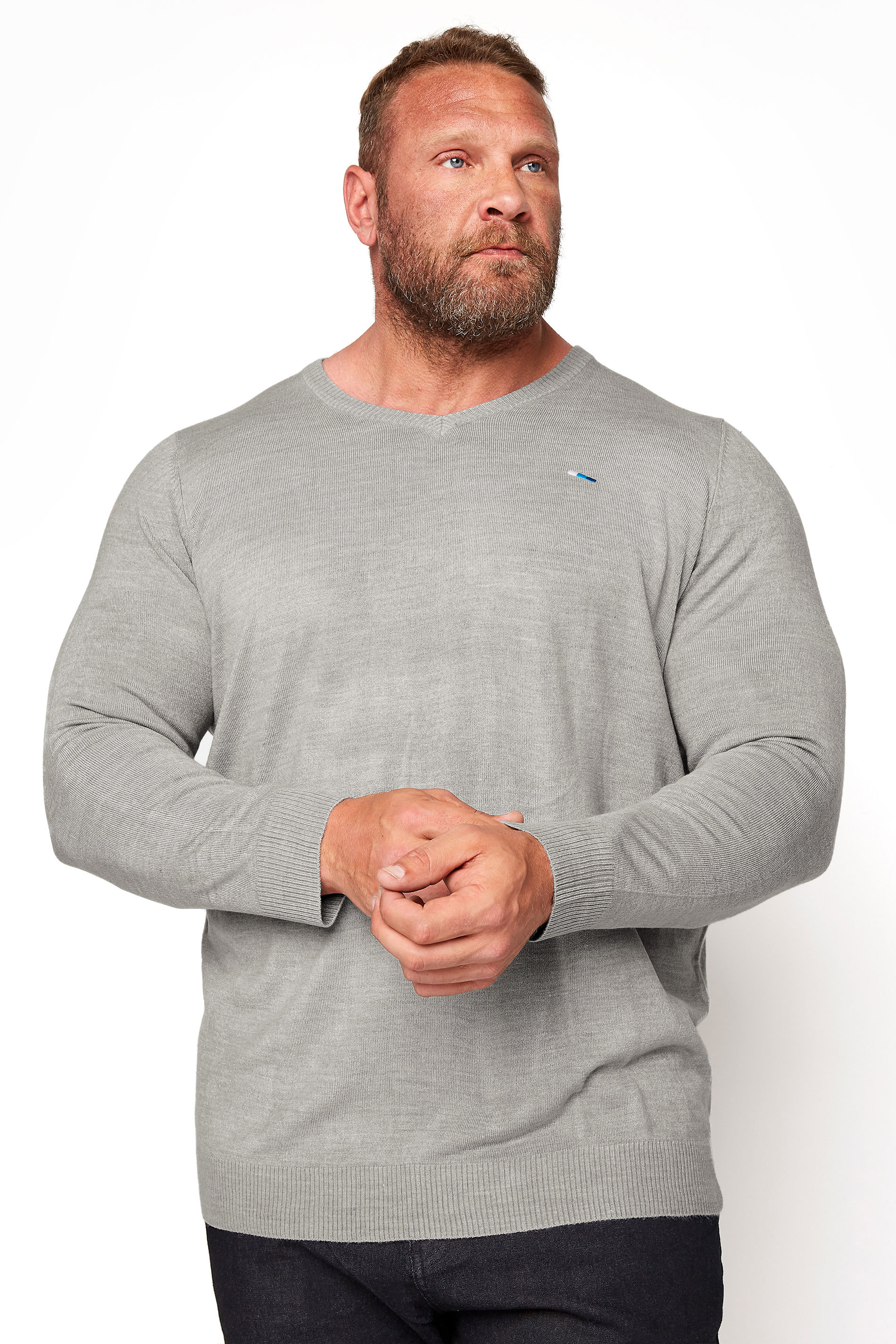 BadRhino Big & Tall Light Grey Essential V-Neck Knitted Jumper 1