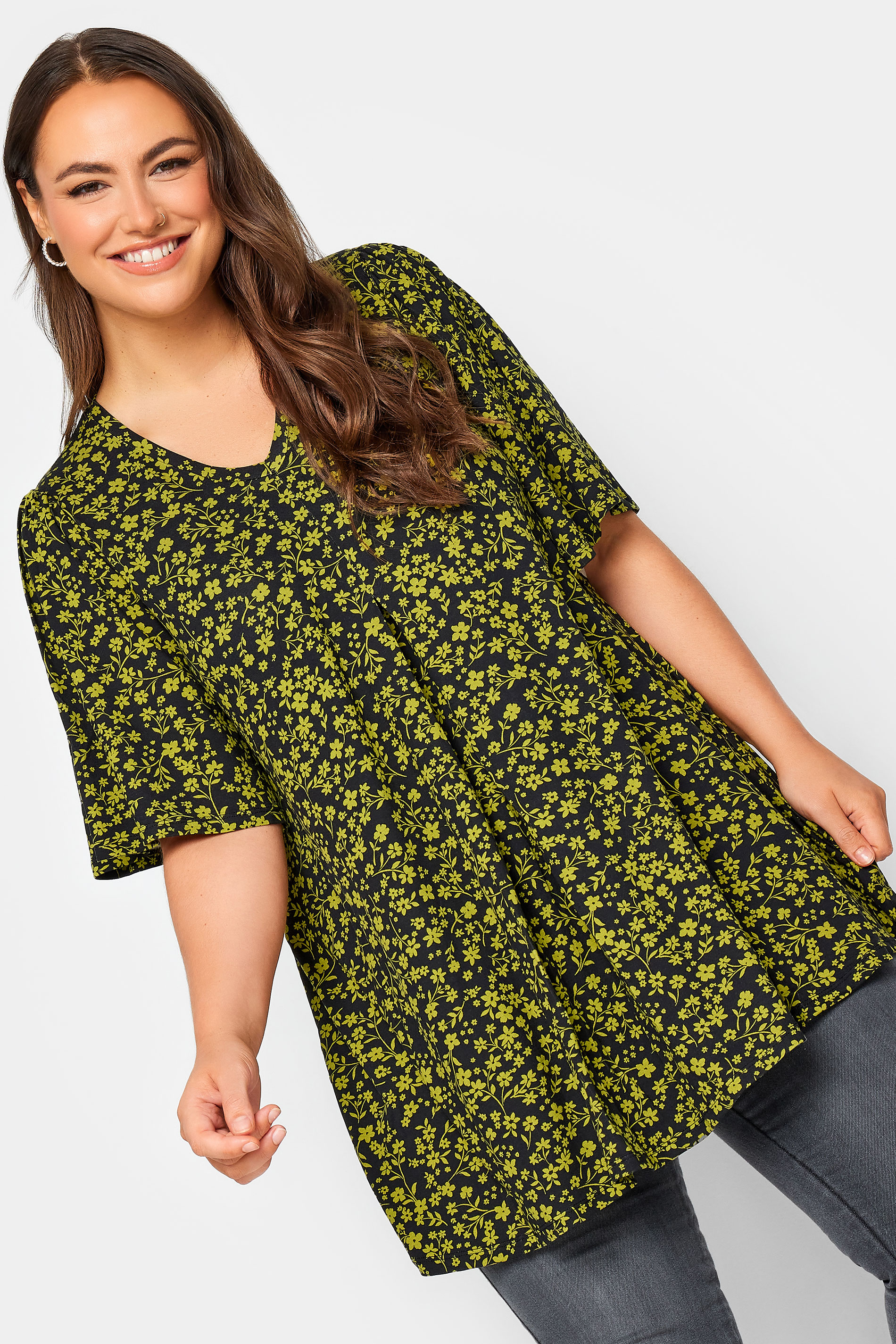 YOURS Plus Size Yellow Floral Print Pleat Front Top | Yours Clothing 1