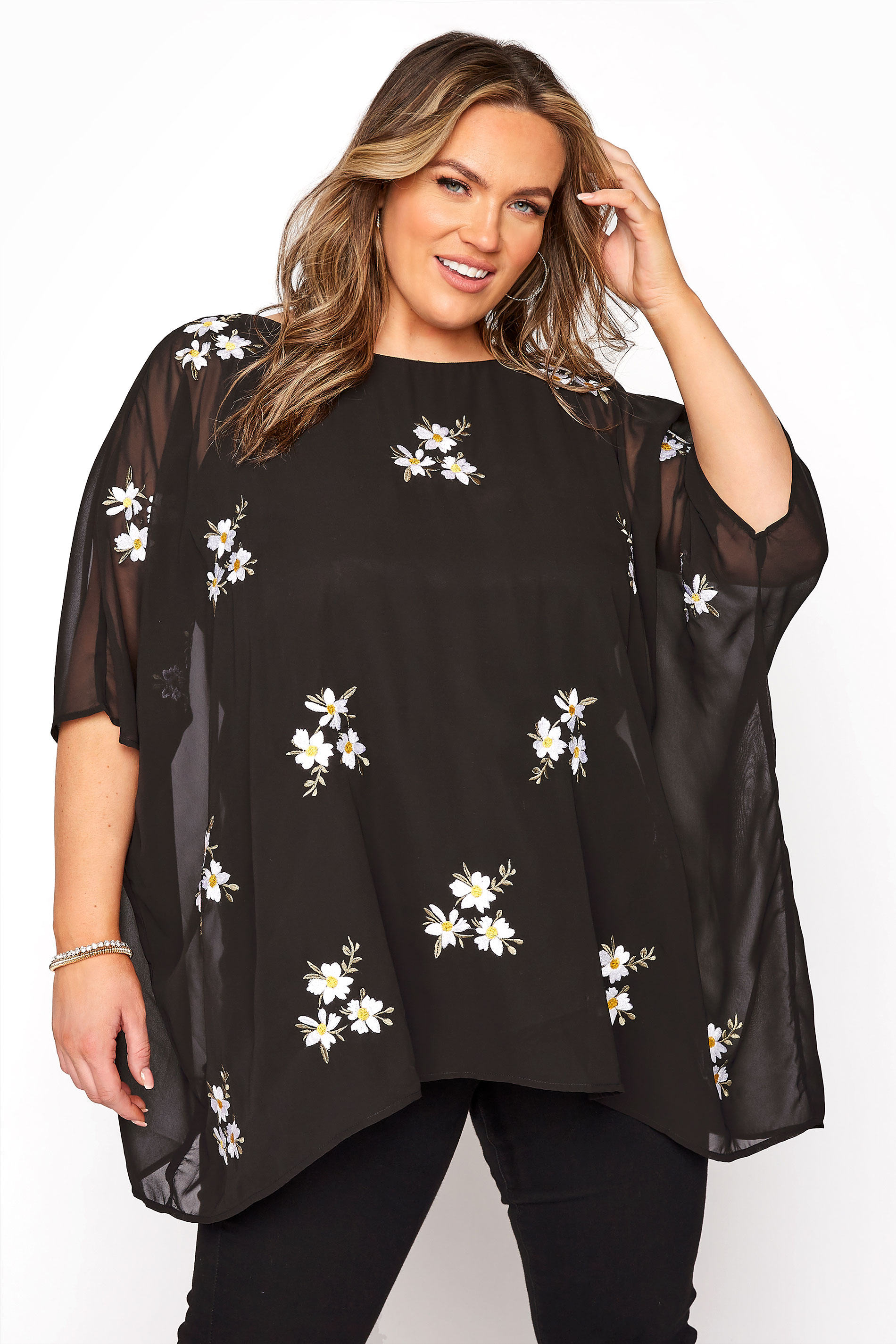 YOURS LONDON Black Daisy Embroidered Cape Top | Yours Clothing 1
