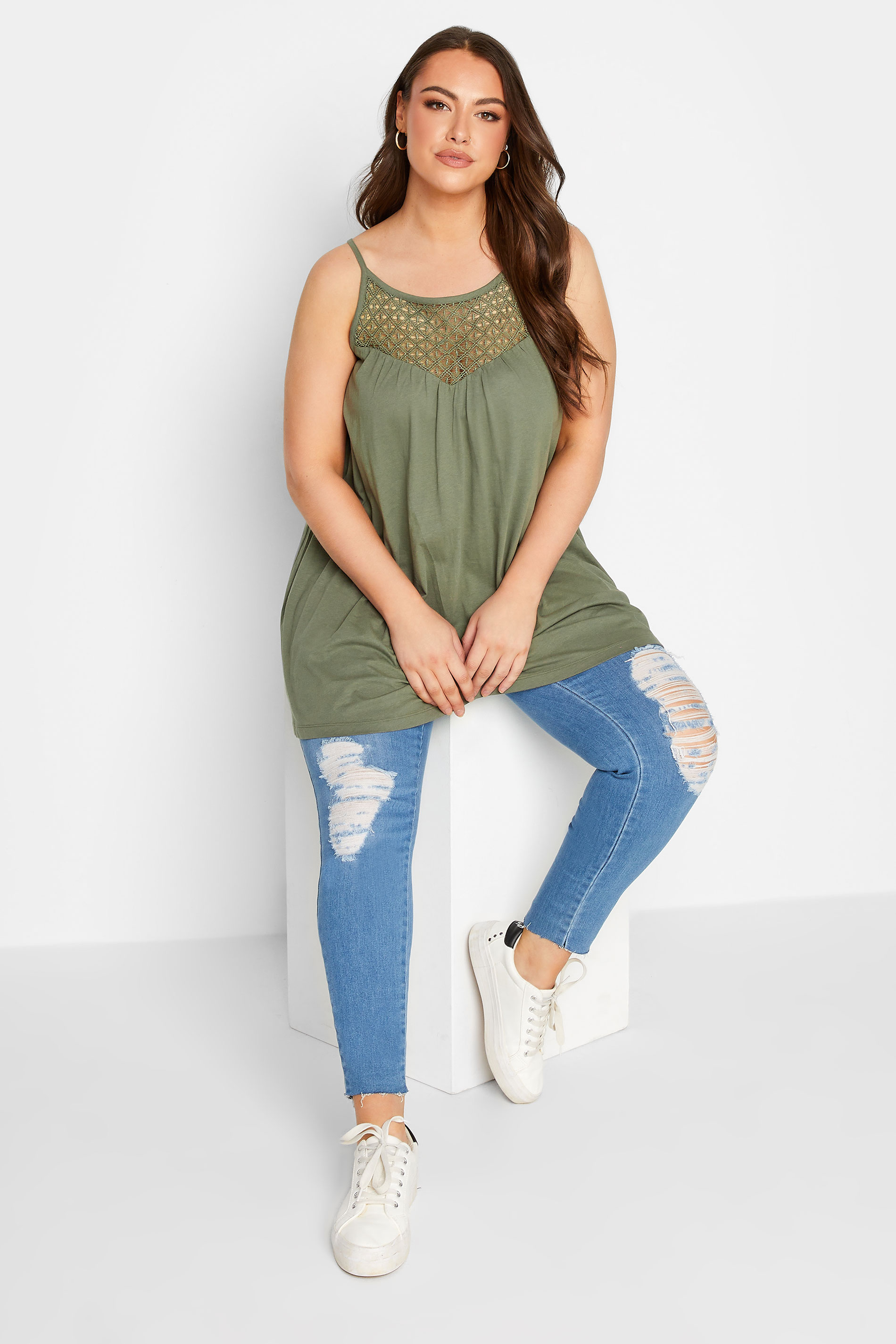 YOURS Plus Size Khaki Green Crochet Vest Top | Yours Clothing  2