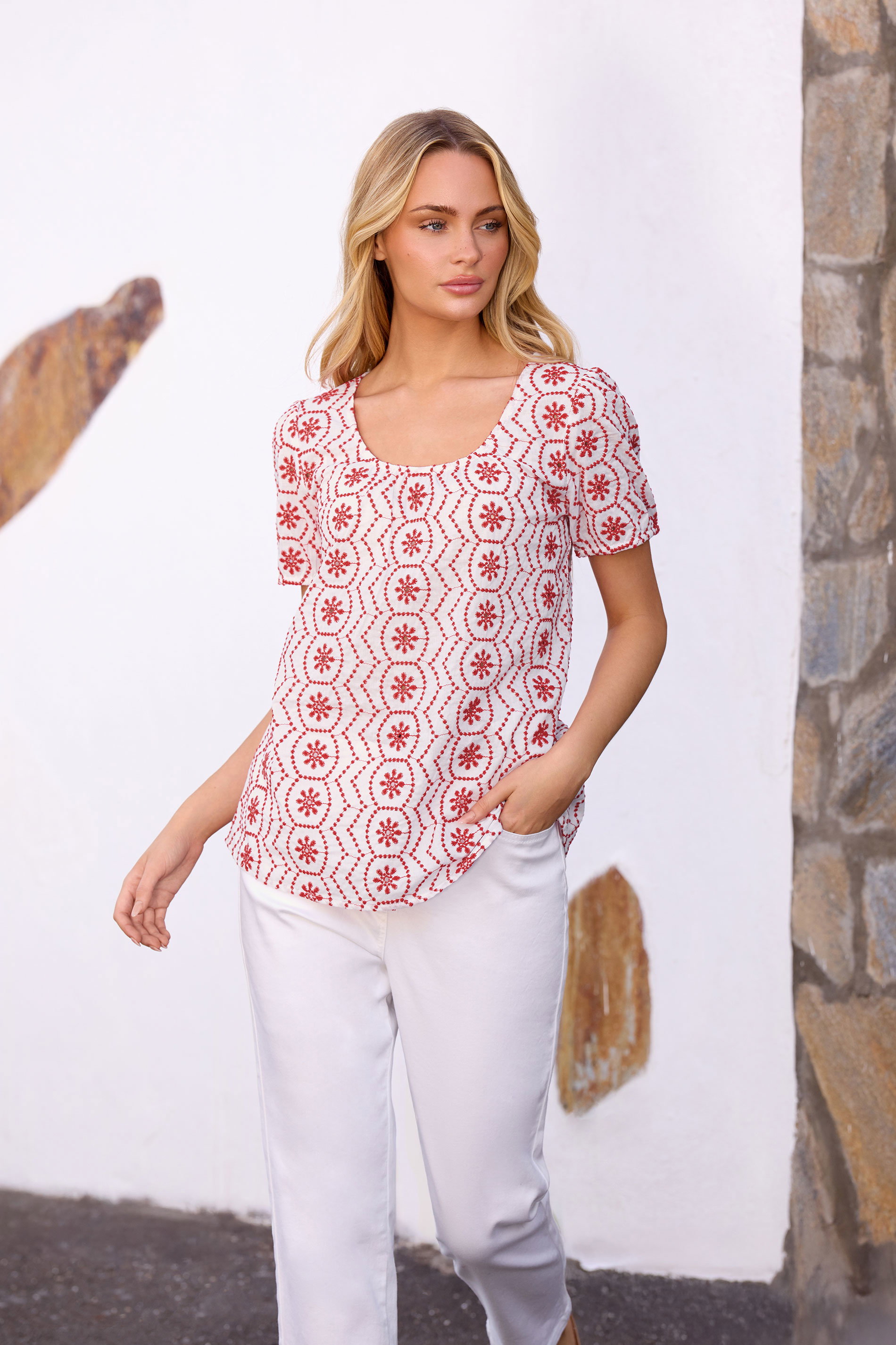 M&Co White & Red Floral Broderie Cotton Top | M&Co 3