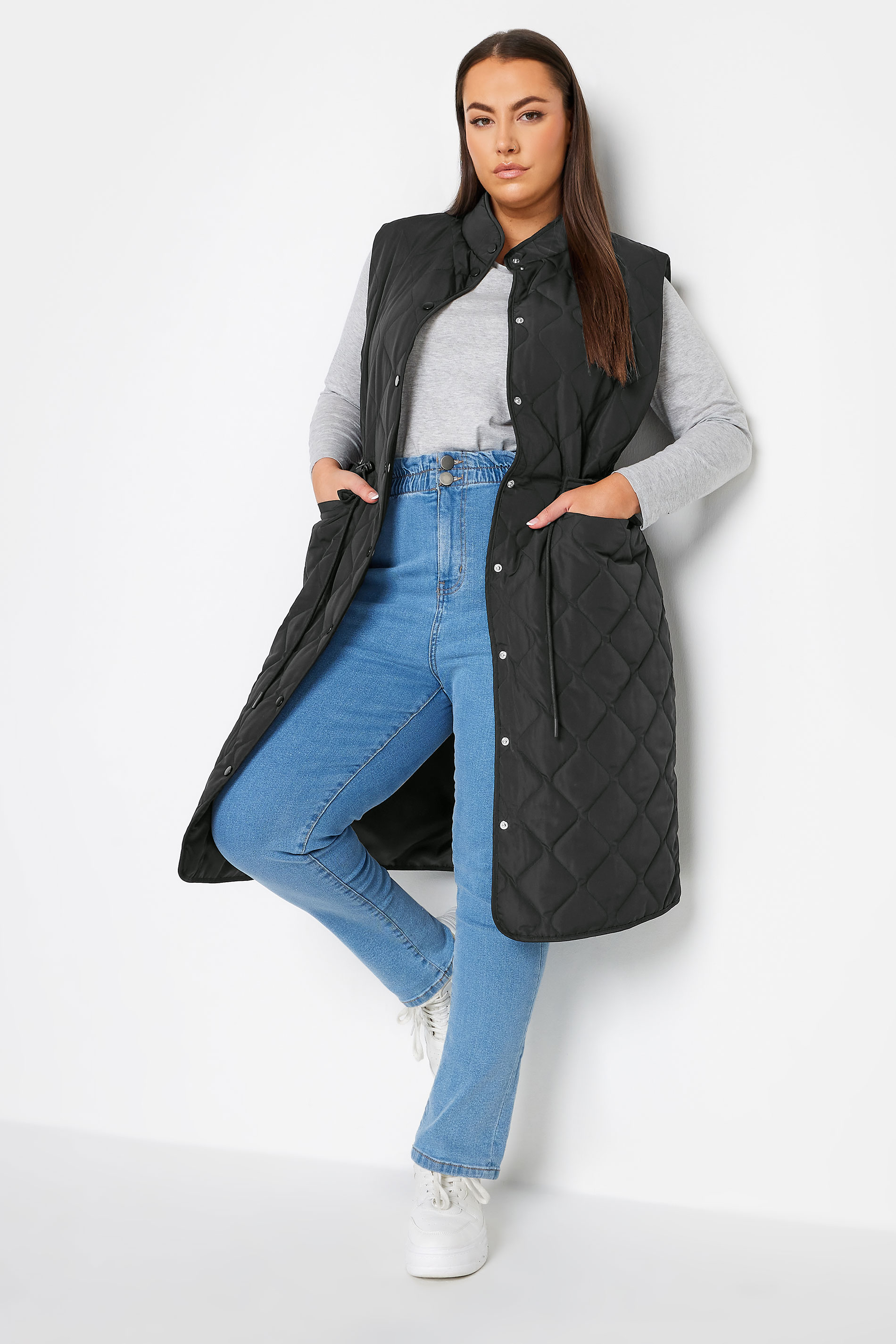 YOURS Plus Size Black Lightweight Quilted Midi Gilet | Yours Clothing 1
