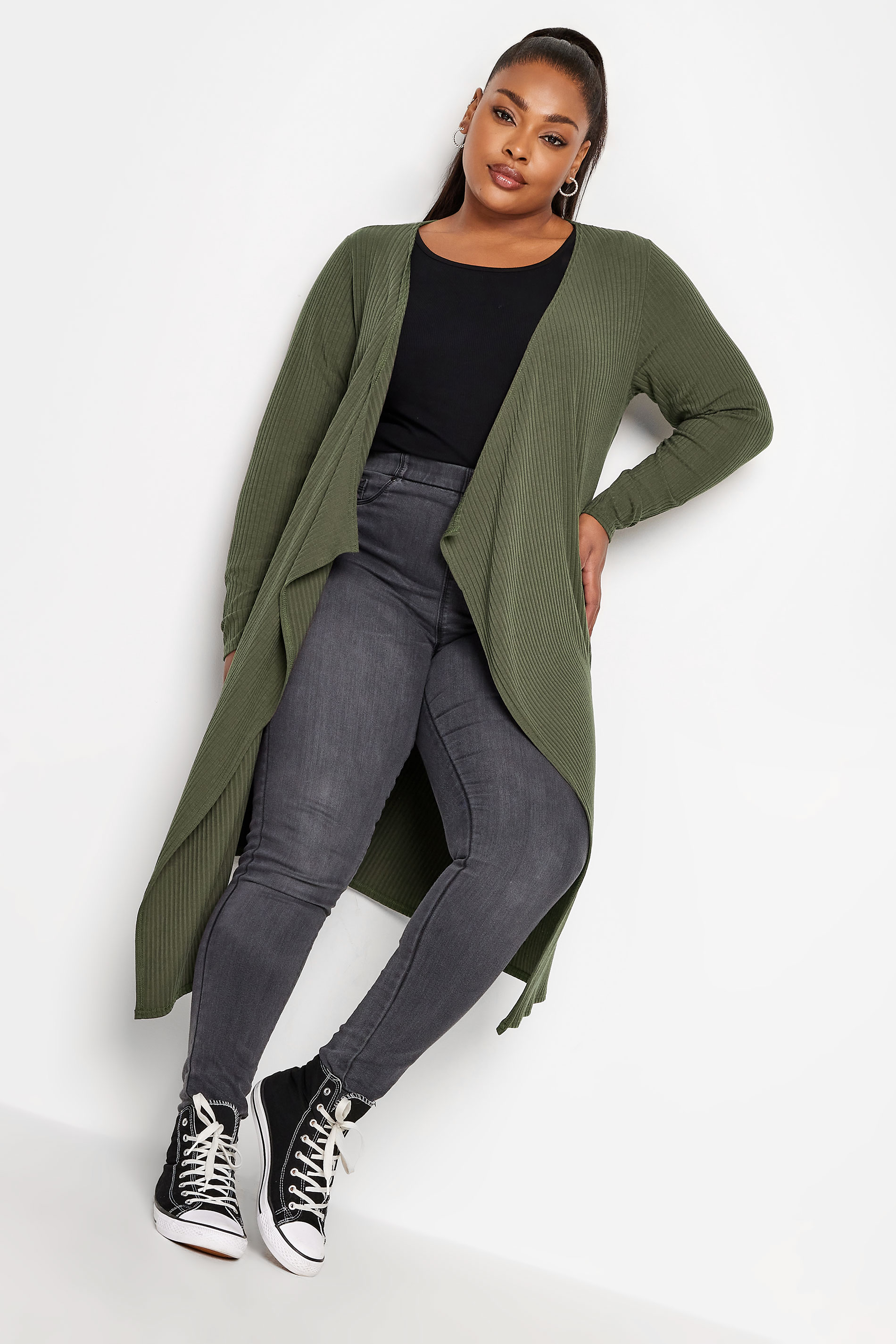YOURS Plus Size Khaki Green Ribbed Midaxi Waterfall Cardigan | Yours Clothing 2