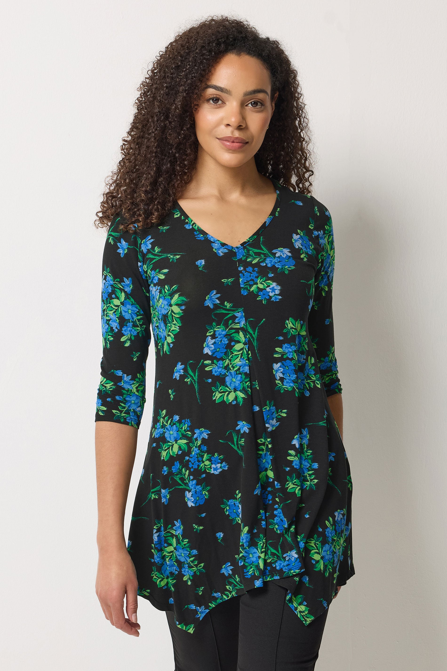 M&Co Black Floral Hanky Hem Top | M&Co 3