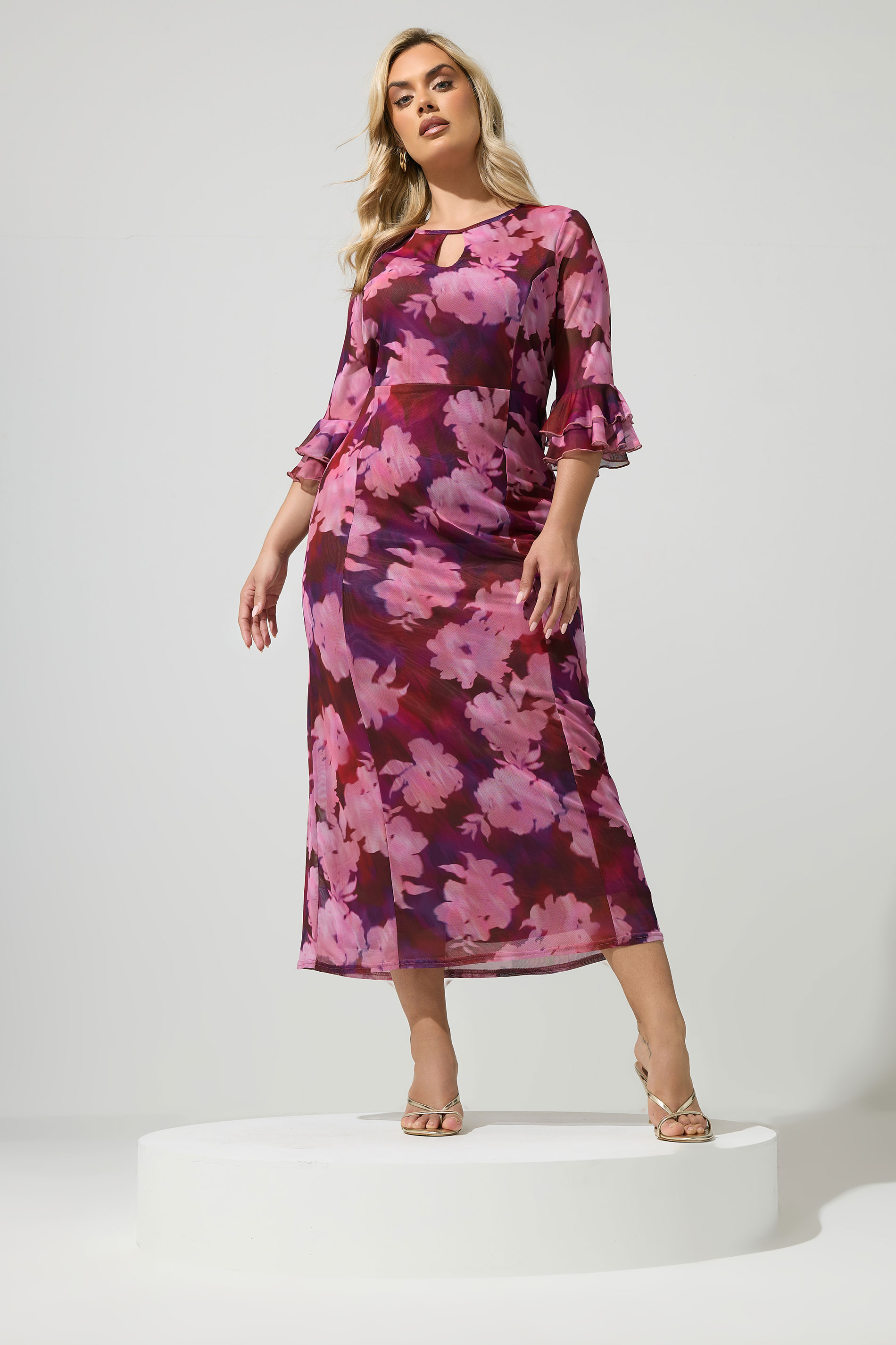 YOURS LONDON Plus Size Pink & Red Blurred Floral Keyhole Dress | Yours Clothing 3
