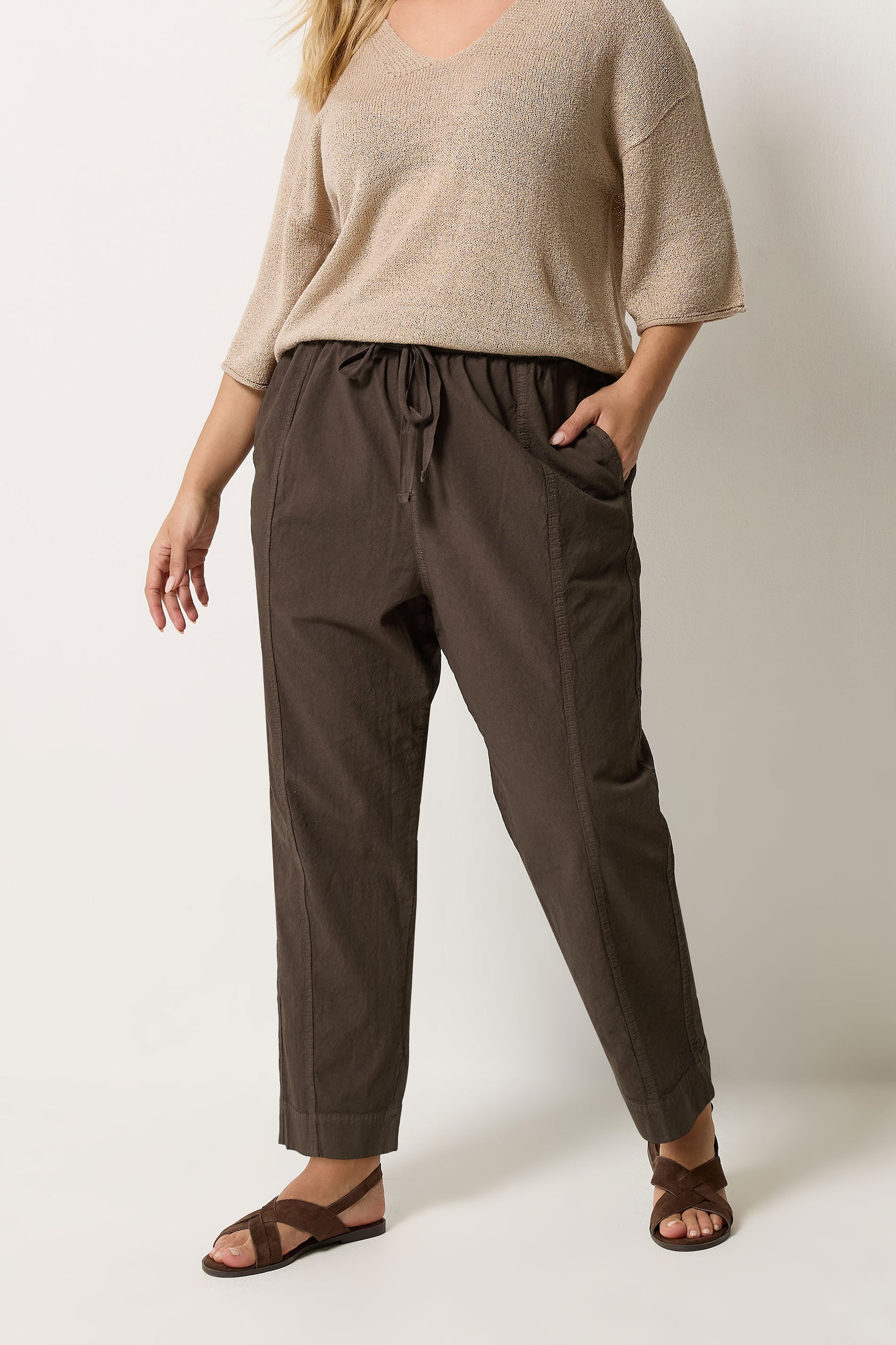 YOURS Plus Size Chocolate Brown Cool Cotton Barrel Leg Trousers | Yours Clothing 3