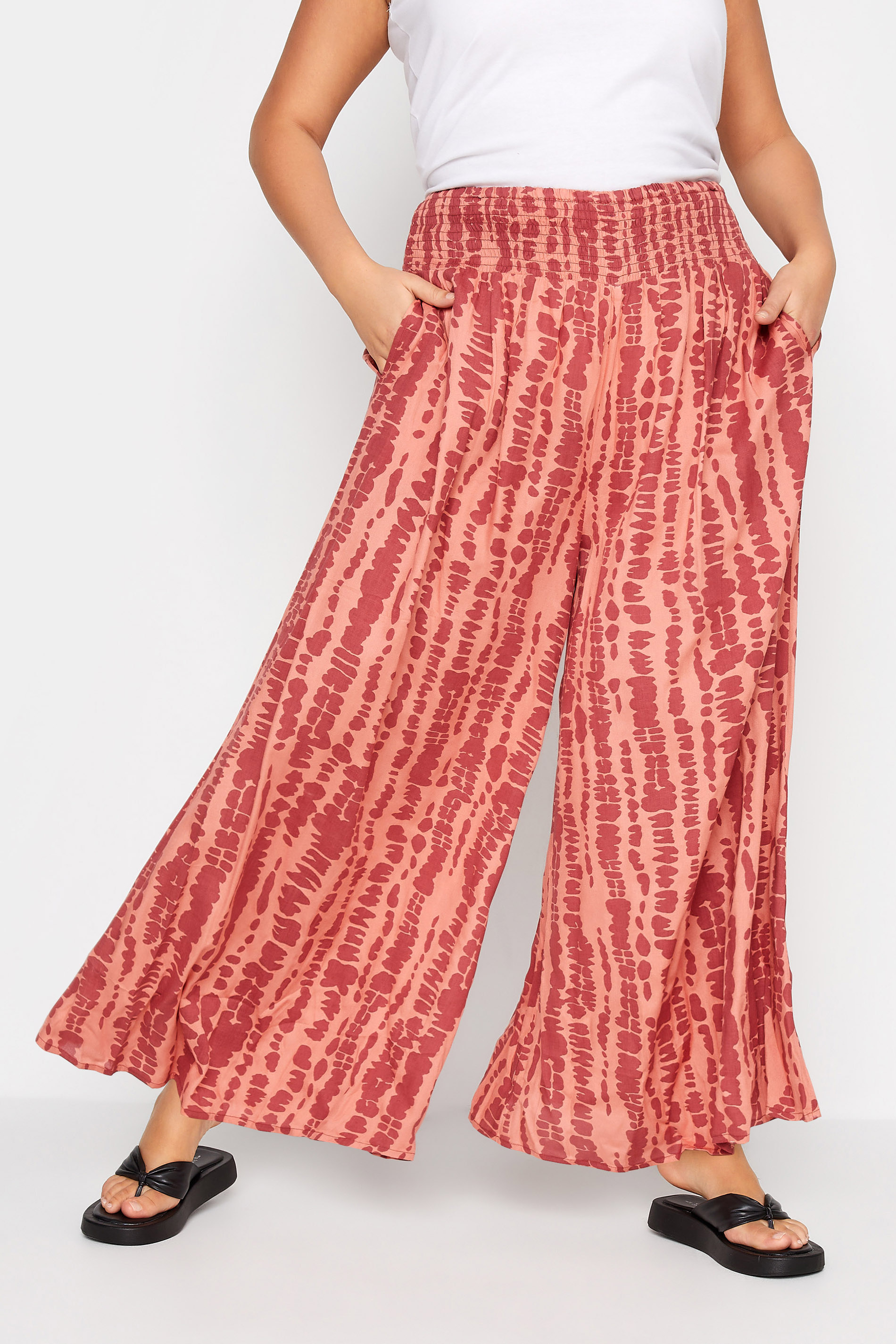 Plus Size Pink Tie Dye Wide Leg Trousers | Yours Clothing 1