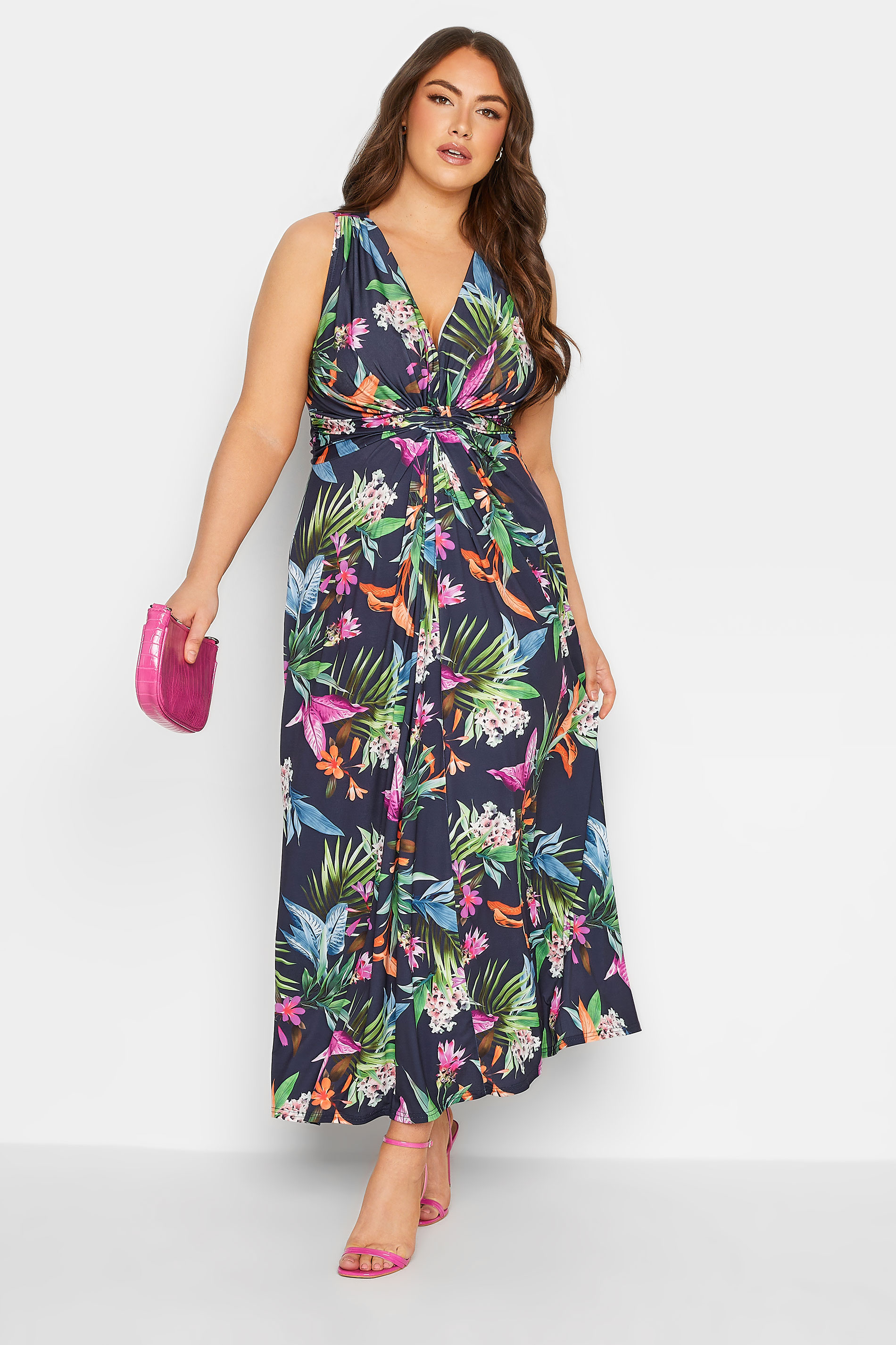 YOURS LONDON Plus Size Curve Navy Blue Tropical Print Knot Front Maxi Dress | Yours Clothing  1