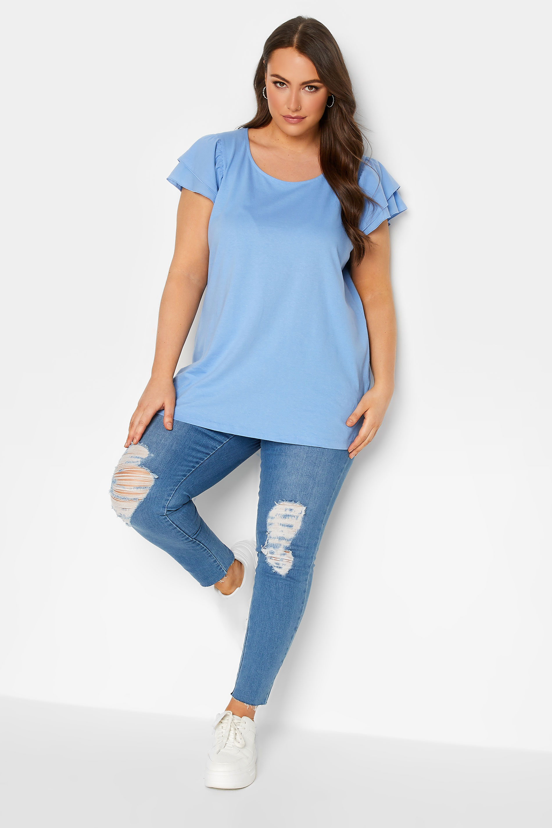 YOURS Plus Size Blue Frill Sleeve T-Shirt | Yours Clothing 2