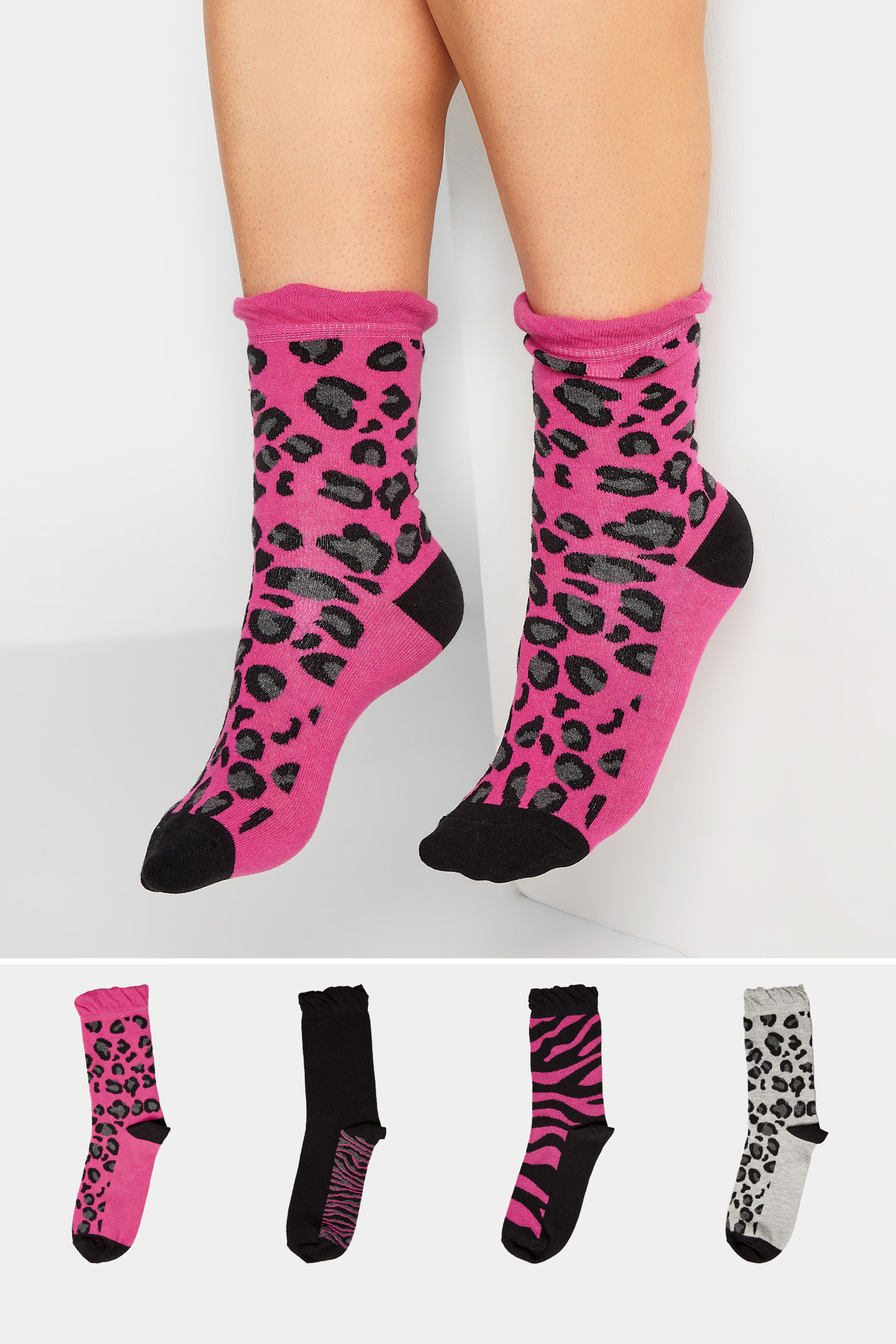 YOURS 4 PACK Black Mixed Animal Print Footbed Ankle Socks | Yours Clothing 1