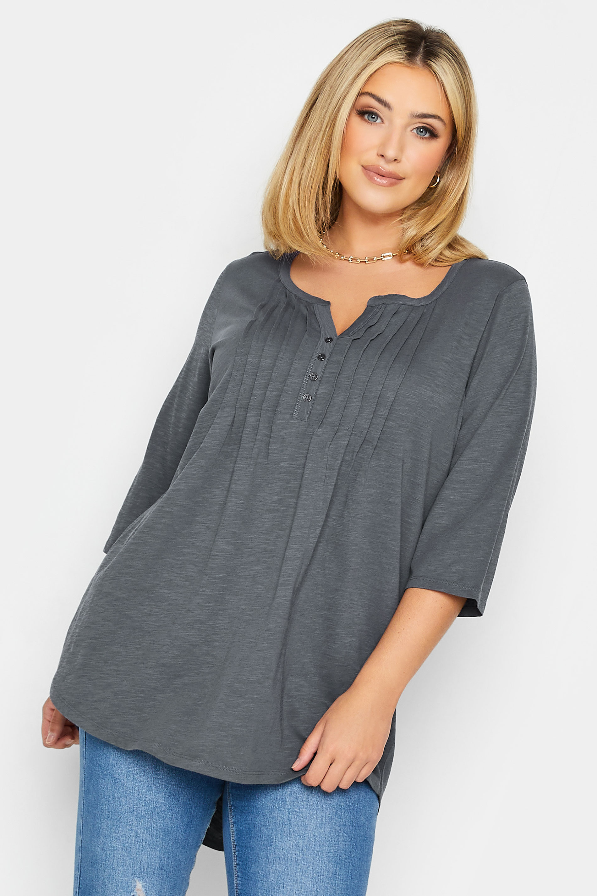 Plus Size YOURS Grey Pintuck Button Henley T-Shirt | Yours Clothing 1