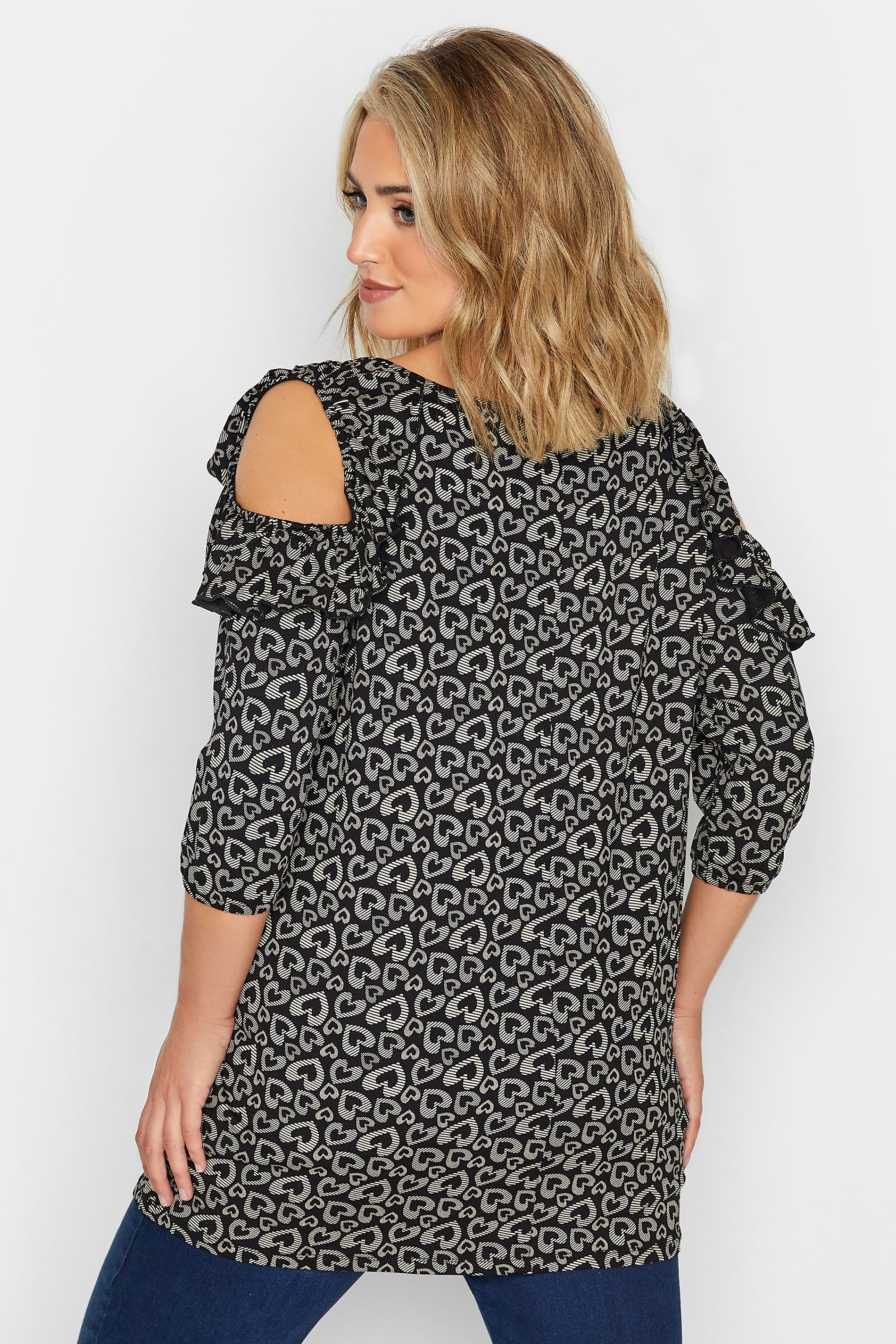 YOURS Plus Size Black Heart Print Cold Shoulder Top | Yours Clothing 3