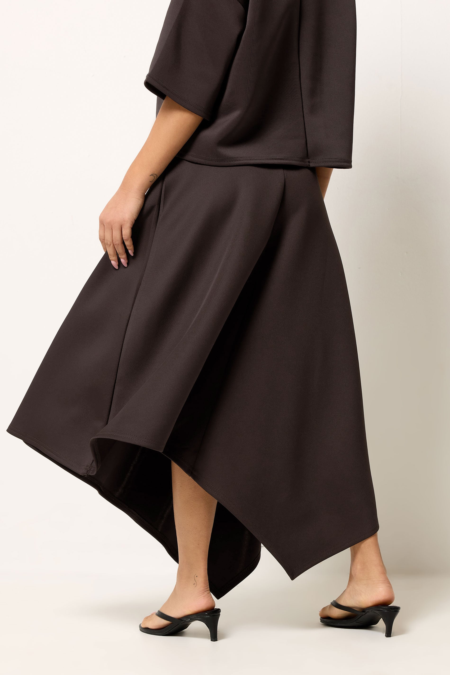 PixieGirl Petite Women's Chocolate Brown Asymmetric Hem Midi Skirt | PixieGirl 2