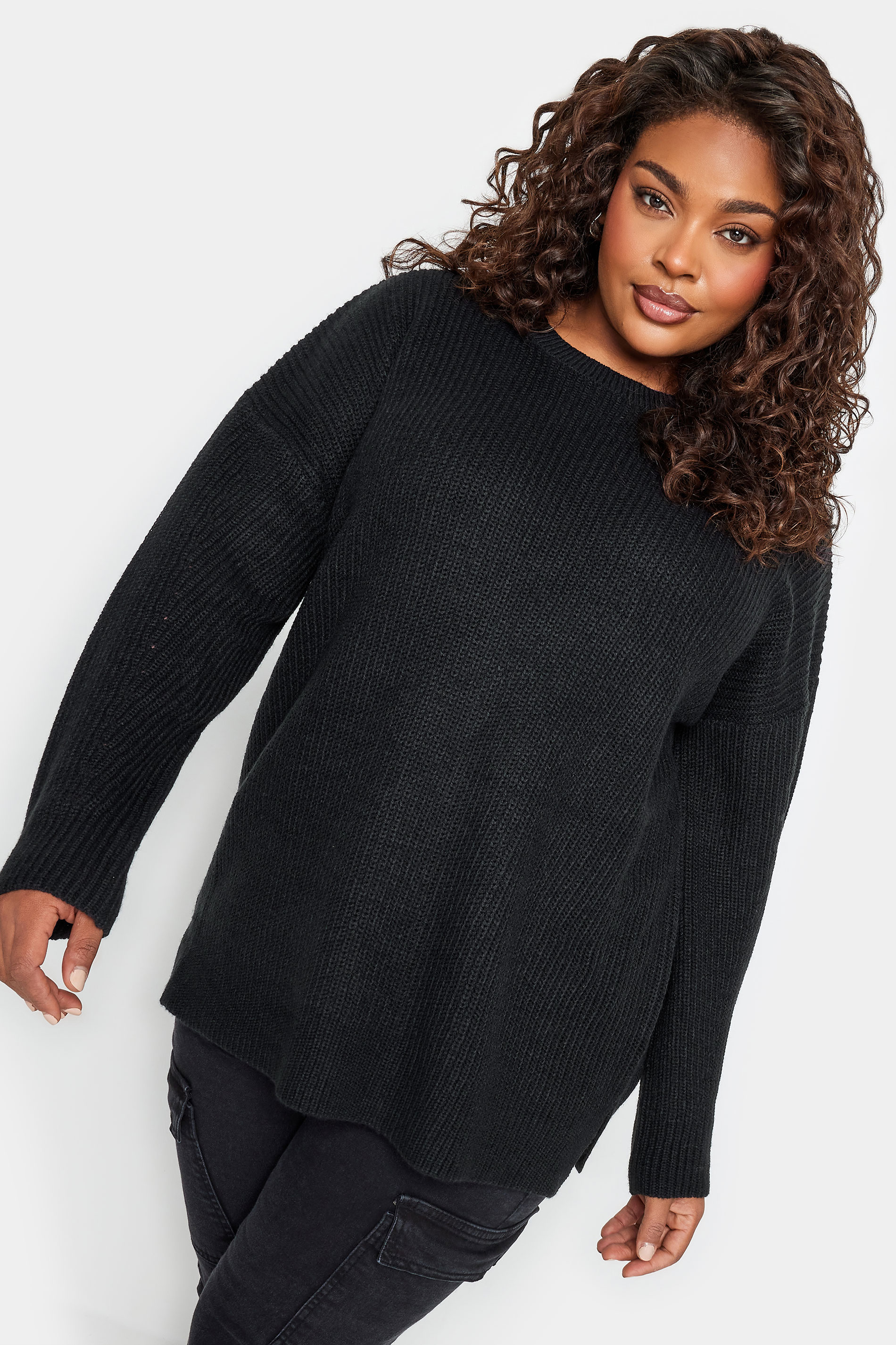 YOURS Plus Size Black Drop Shoulder Knitted Jumper | Yours Clothing 1