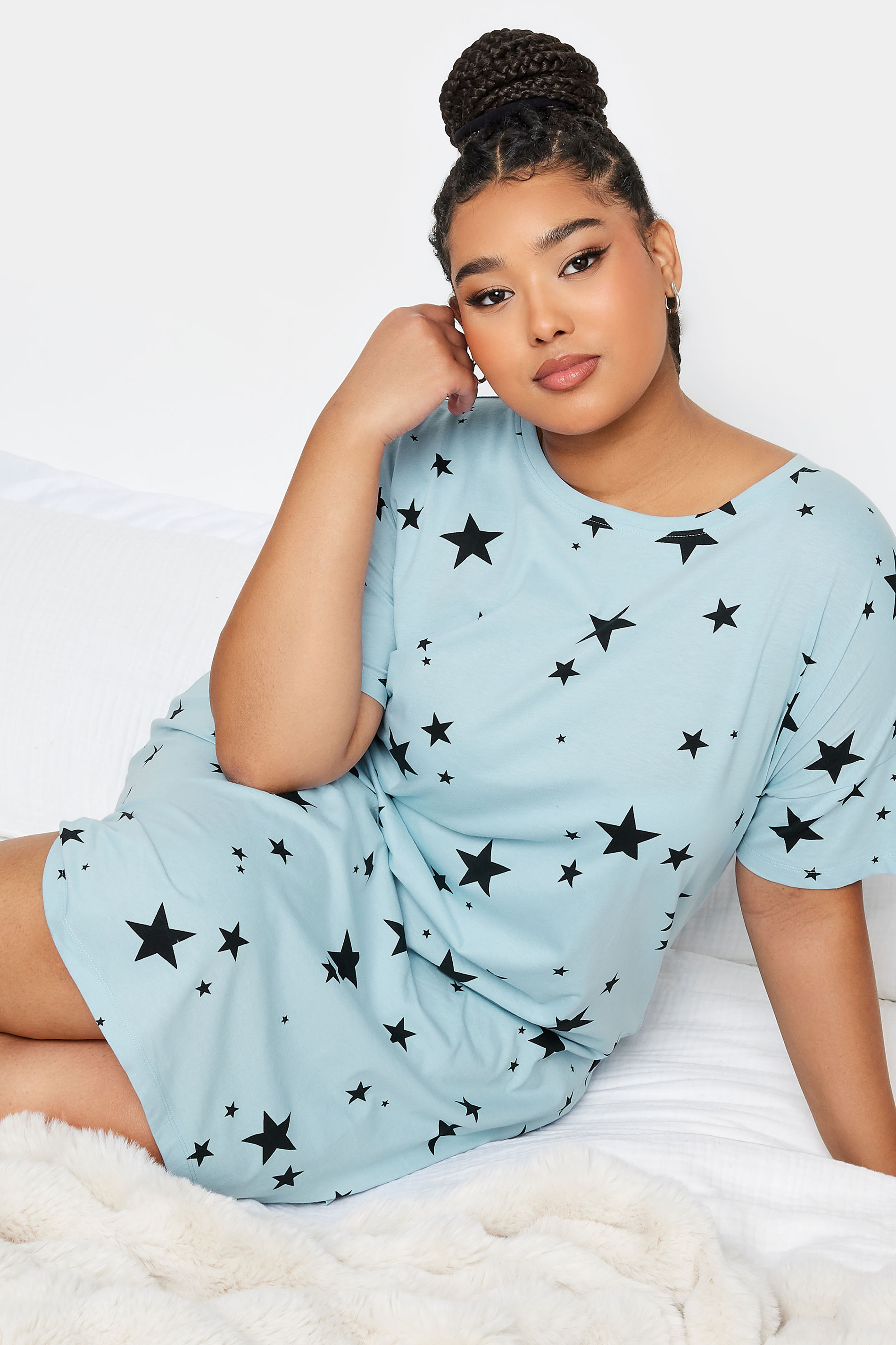 YOURS Plus Size Light Blue Star Print Sleep Tee Nightdress | Yours Clothing 2