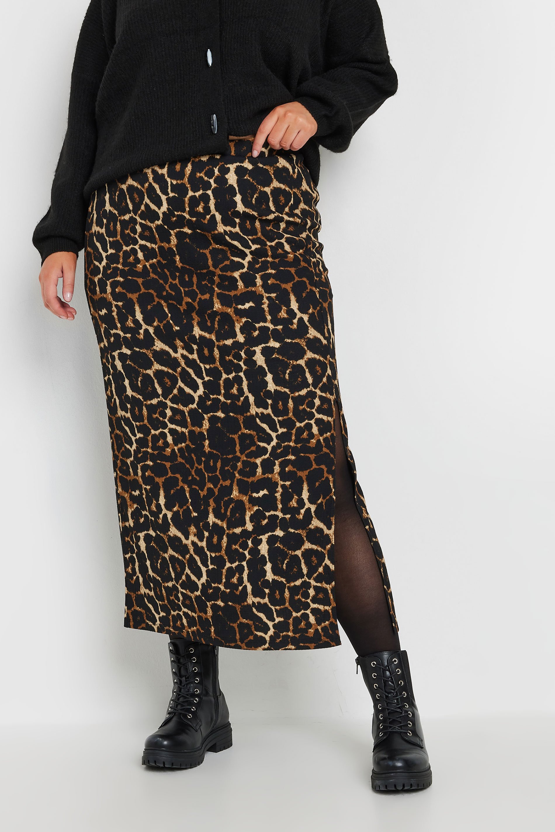 YOURS Plus Size Brown Textured Leopard Print Maxi Skirt | Yours Clothing