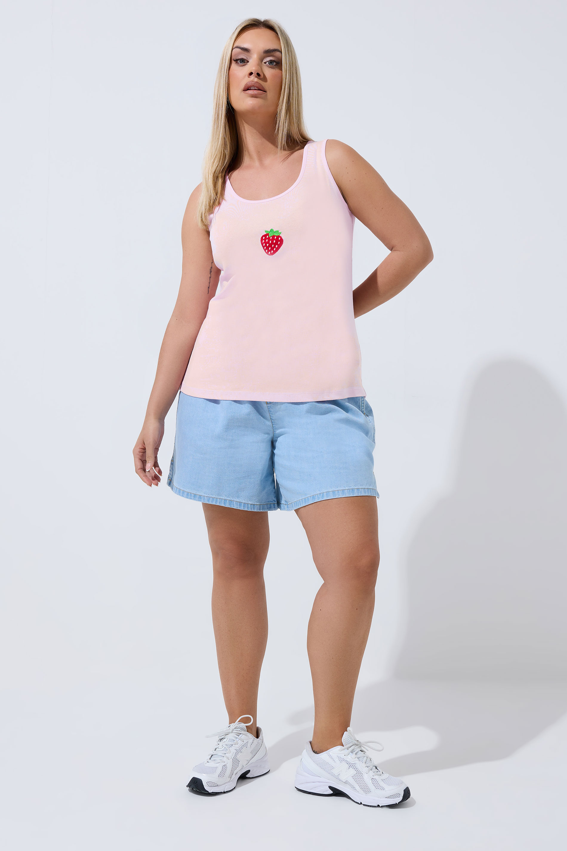 LIMITED COLLECTION Plus Size Light Pink Embroidered Strawberry Vest Top | Yours Clothing 1