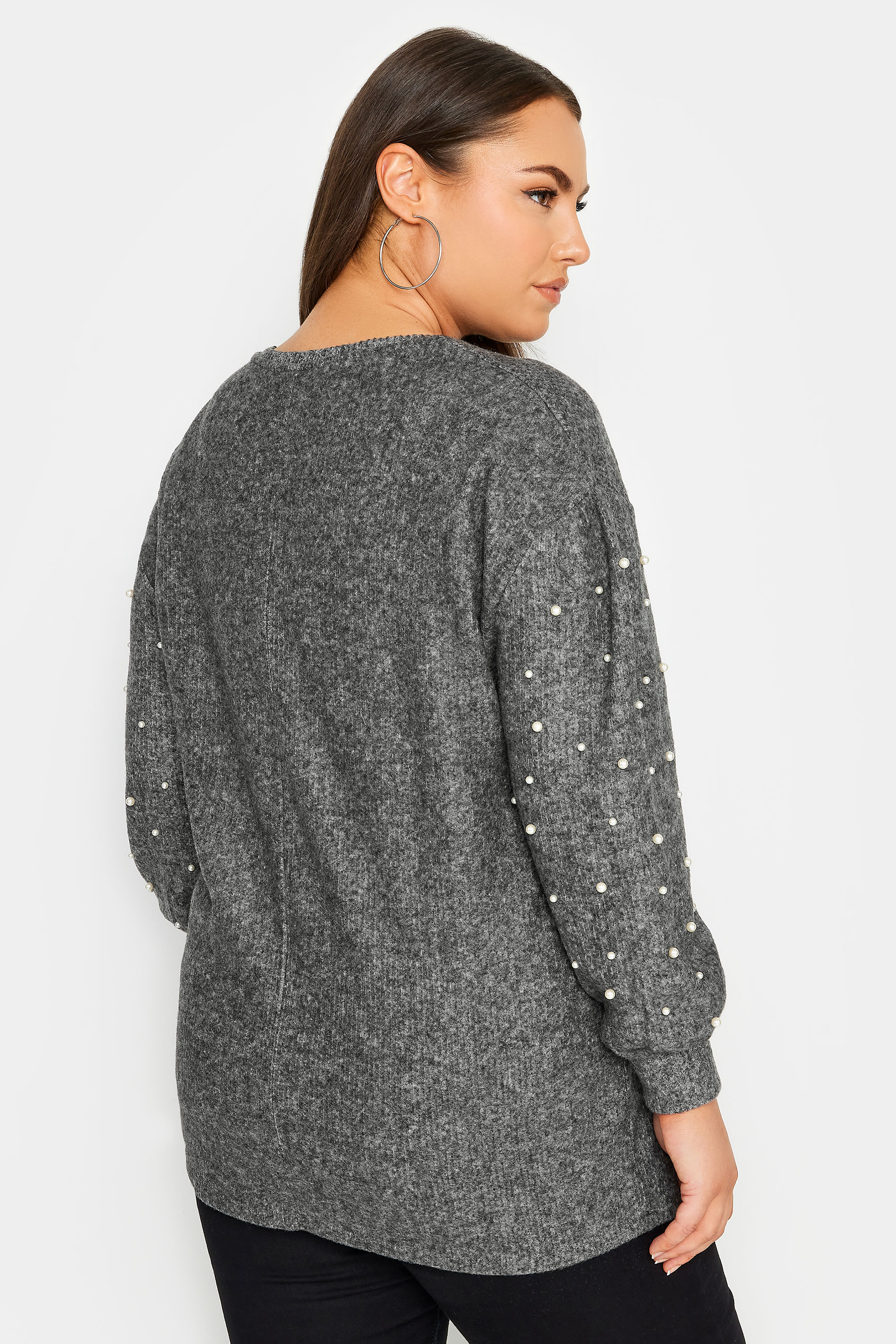 YOURS Plus Size Grey Pearl Embellished Soft Touch Sweatshirt | Yours Clothing 3